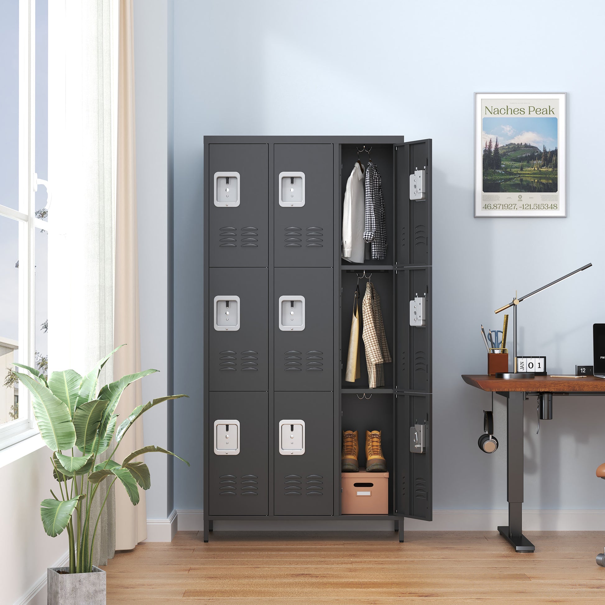 9 Door 72"H Metal Lockers With Lock For Employees,School,Office,Gym,Bedroom,Storage Locker Cabinet,Gray,Assembly Required,Black 5 Or More Spaces Black Primary Living Space Door Locks Modern Metal