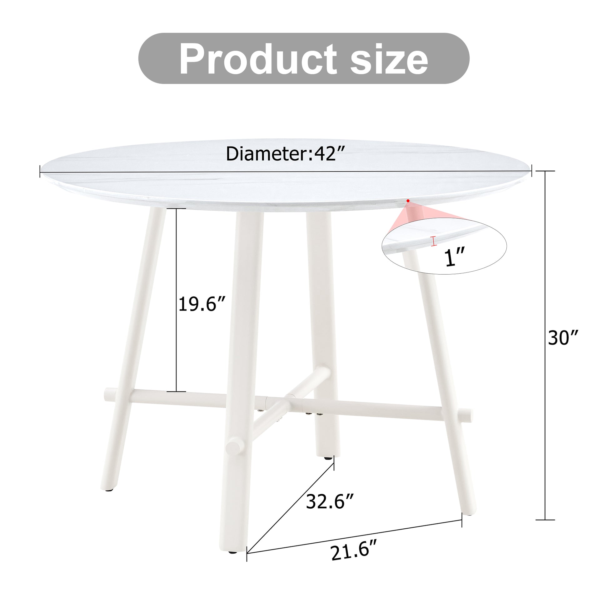 A Modern Minimalist Circular Dining Table With A 42 Inch Diameter White Patterned Tabletop And White Metal Legs. Suitable For Restaurants, Living Rooms, And Conference Rooms. White Mdf Metal