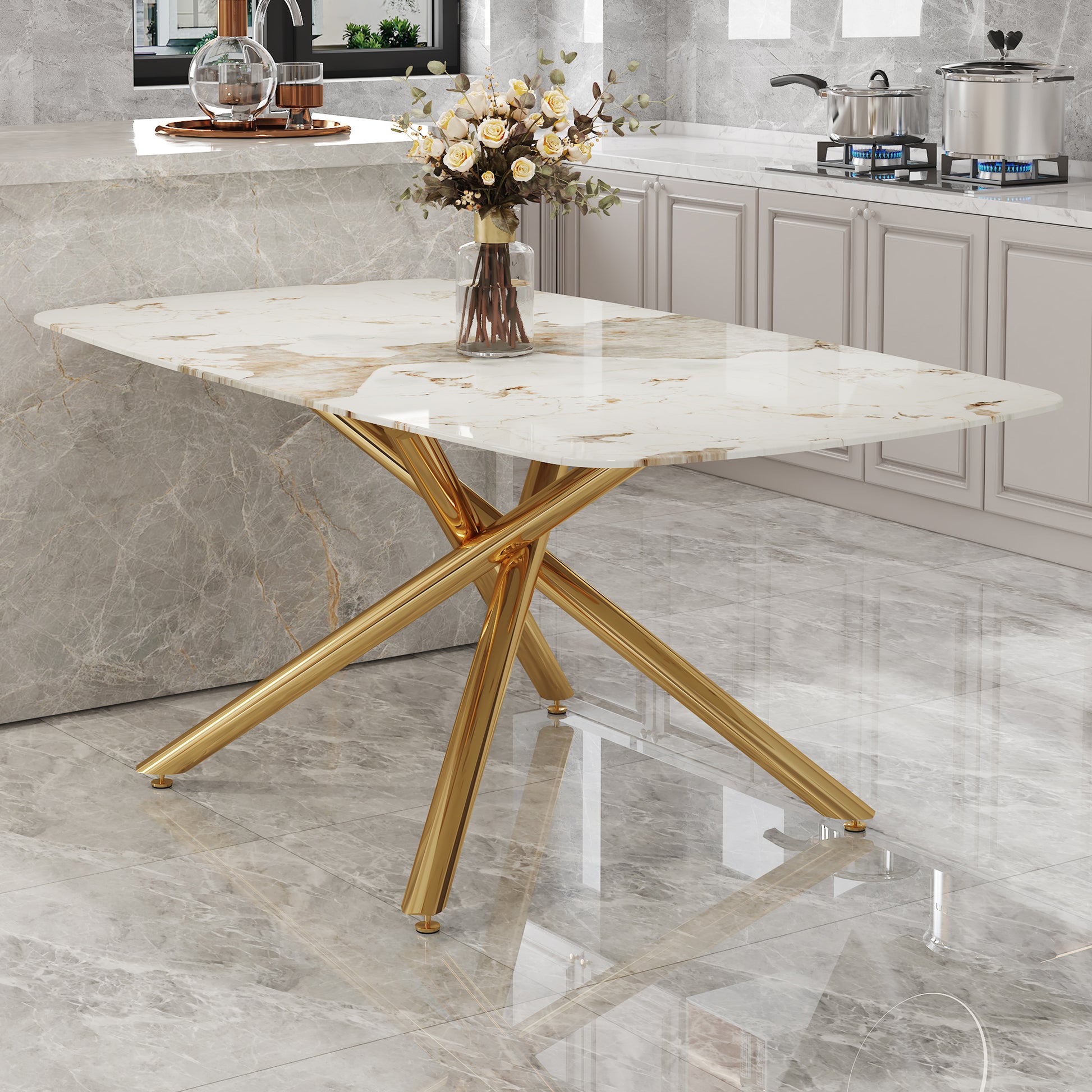 Large Modern Minimalist Rectangular Dining Table With 0.39 "Imitation Marble Tabletop And Golden Metal Legs, Suitable For Kitchen, Dining Room, Living Room, Conference Room, W1151S00987 Gold Glass Metal