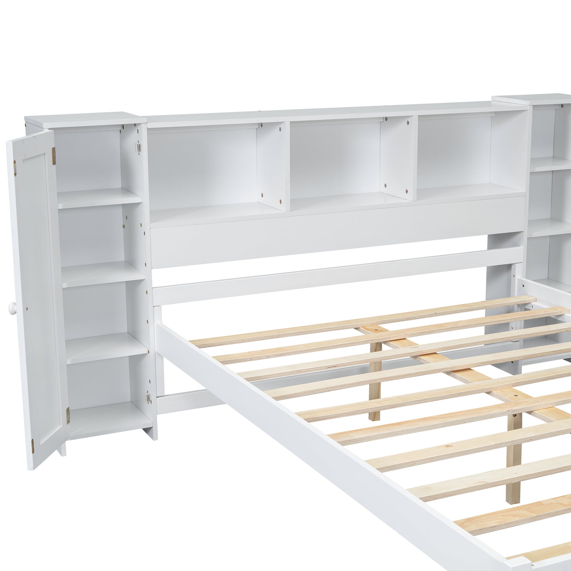 Full Size Platform Bed With Storage Headboard And Lockers, White Full Box Spring Not Required White Wood Bedroom Solid Wood Mdf