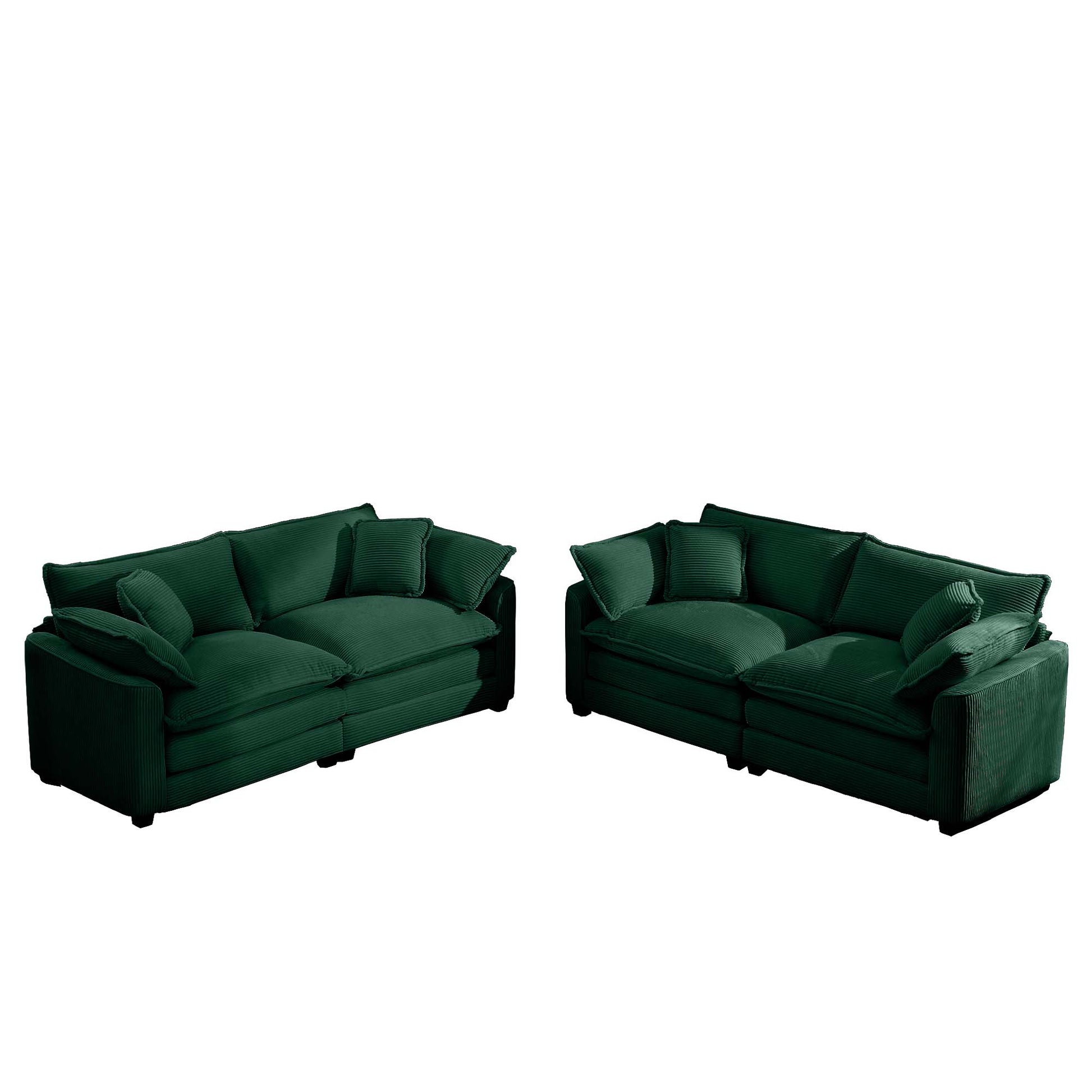 Modern Fabric Living Room Sofa Two Piece Set, Two 2 Seater Sofas With 8 Cushion Upholstery Large Deep Seat Recliner, Green Corduroy Fabric Green Corduroy 4 Seat