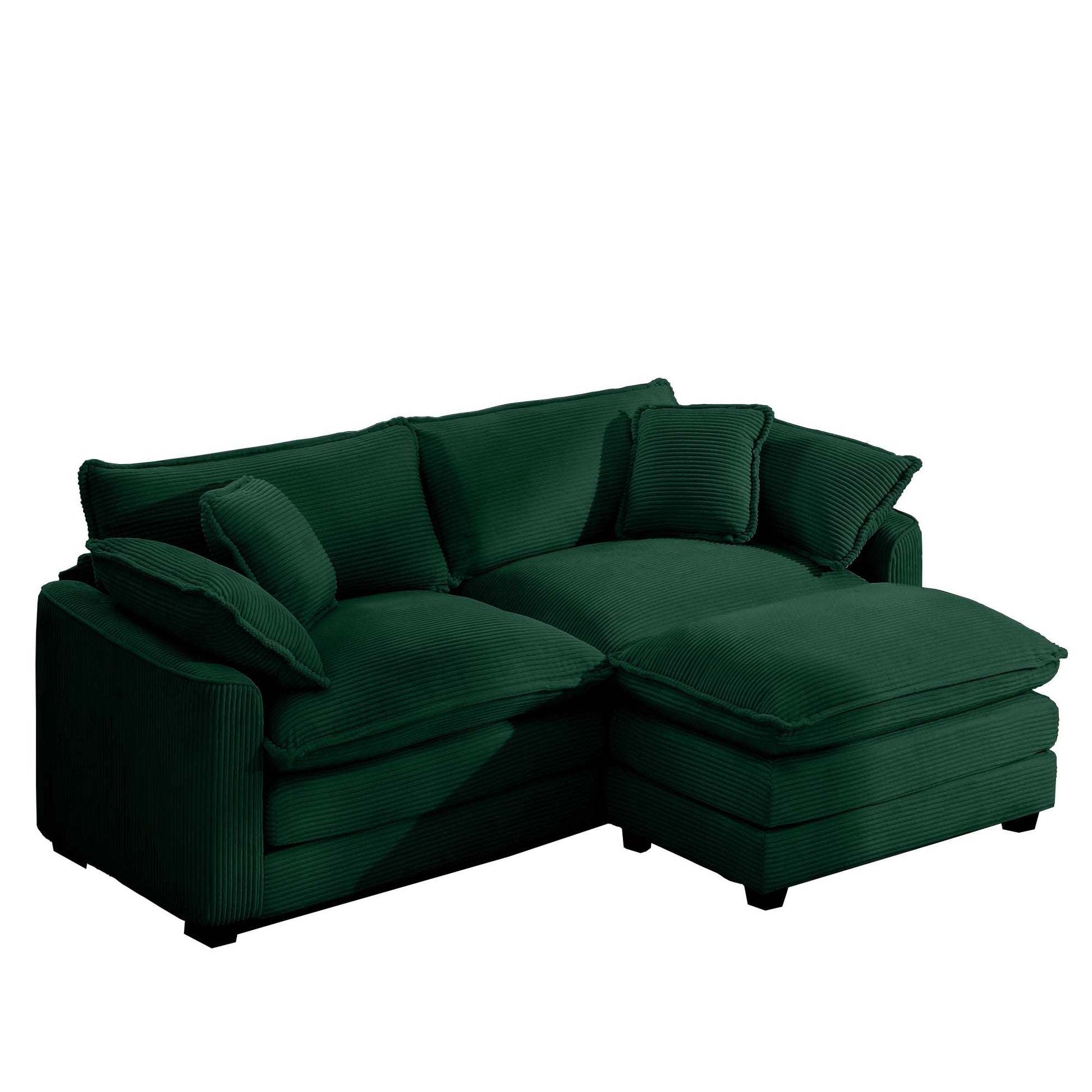 Corduroy Two Seater Sofa With 1 Footrest, L Shaped 2 Seater Sofa With Ottoman For Small Living Spaces, Green Corduroy Sofa Green Corduroy 2 Seat