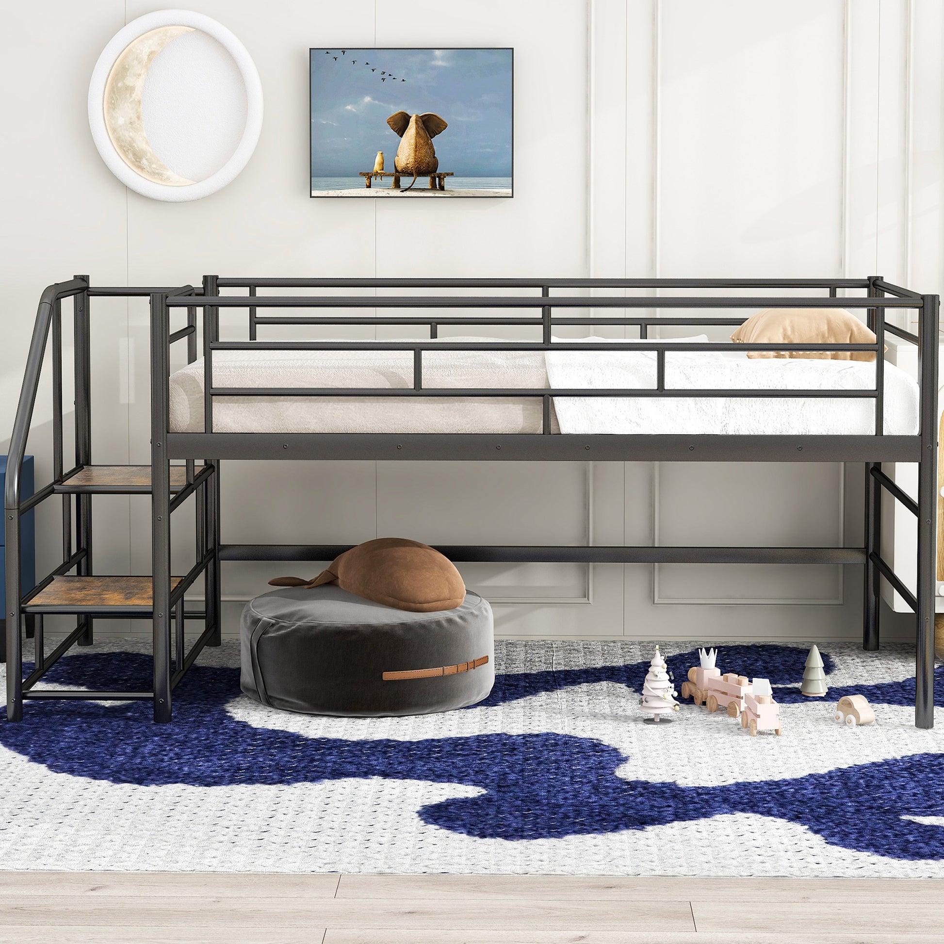 Mid Loft Bed With Storage Stairs, Twin, Black Twin Black Mdf Metal