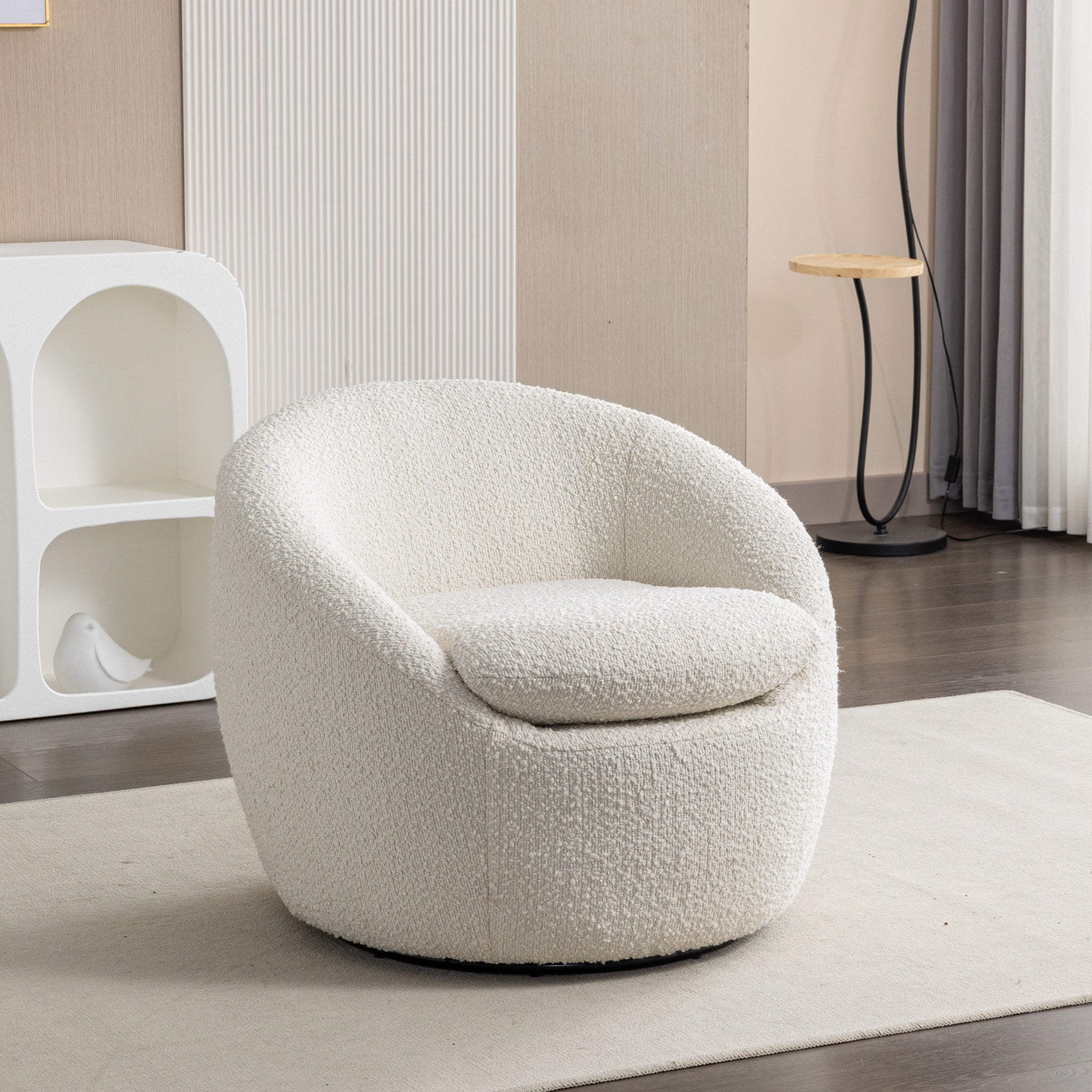 Winnie Modern Teddy Boucle Fabric Barrel Chair, 360 Swivel, White Cream White Primary Living Space Modern Boucle Boucle