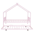 Full Size Metal House Bed With Twin Size Trundle, Pink Full Pink Metal