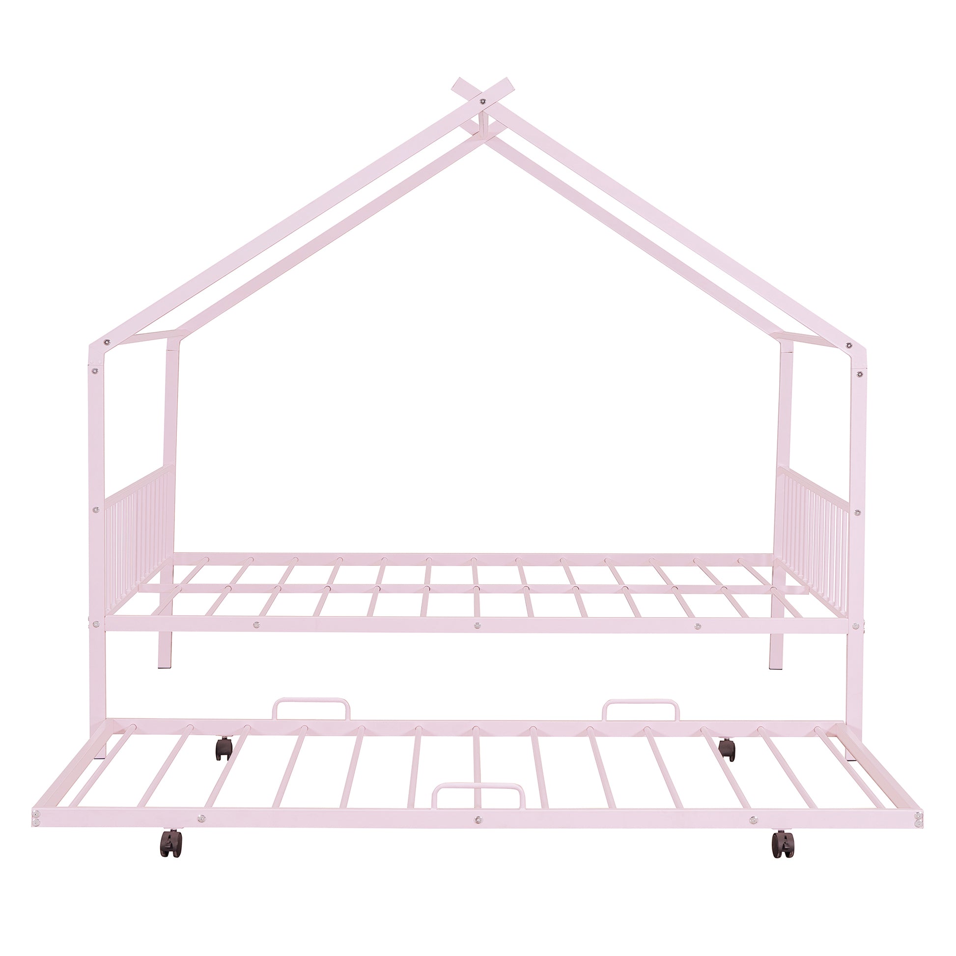 Full Size Metal House Bed With Twin Size Trundle, Pink Full Pink Metal