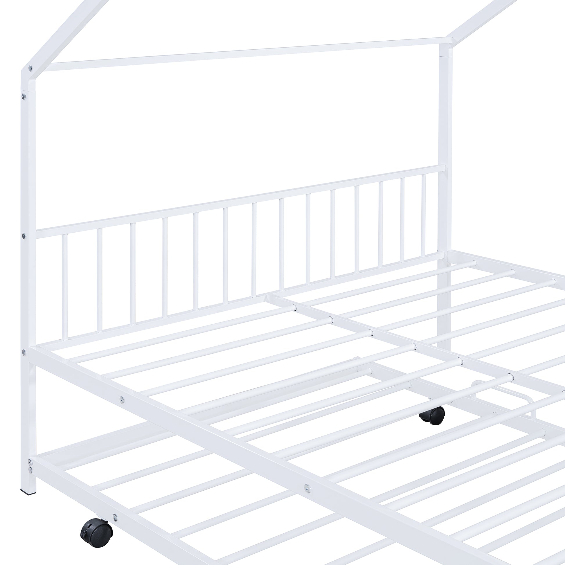 Full Size Metal House Bed With Twin Size Trundle, White Full White Metal