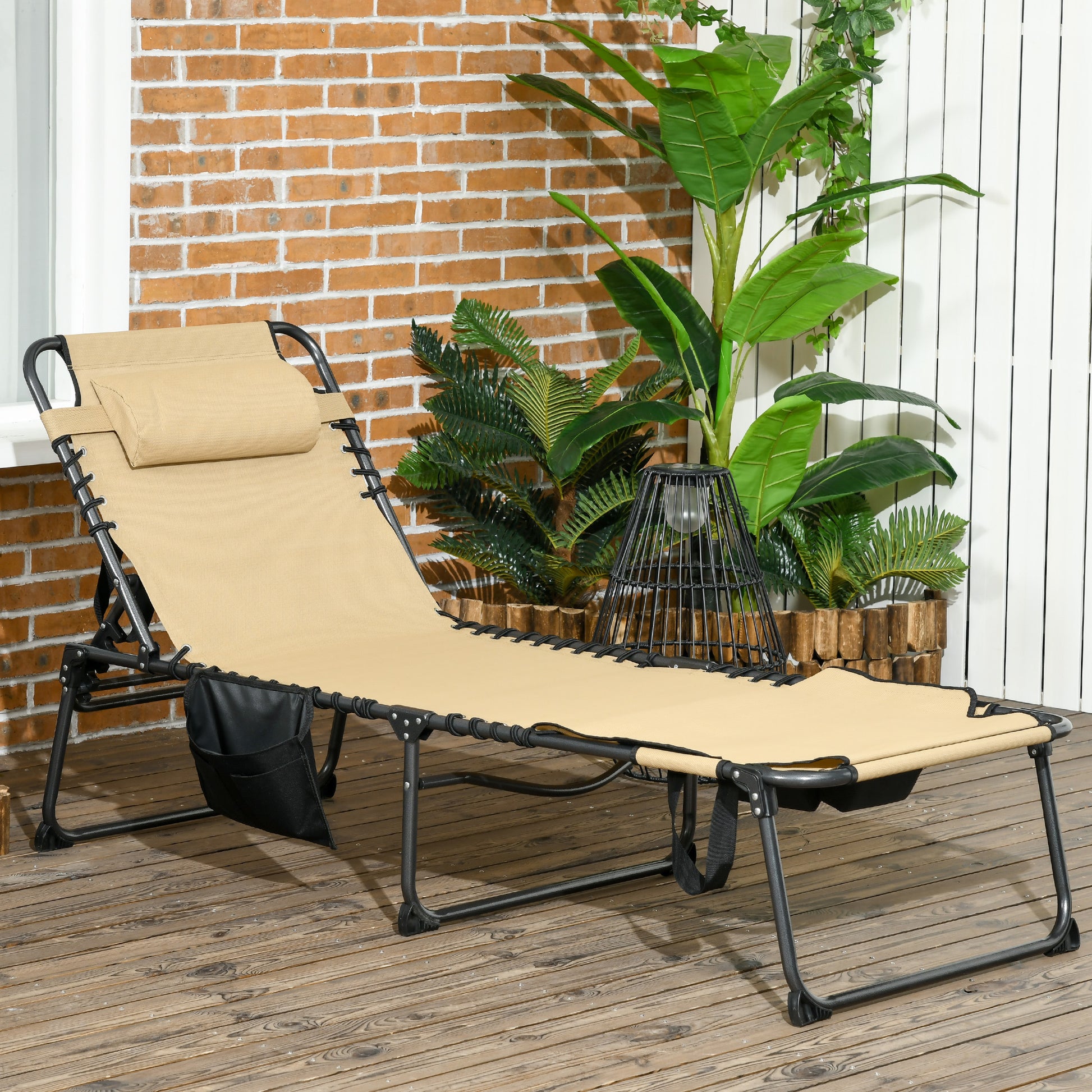 Outsunny Folding Chaise Lounge With 5 Level Reclining Back, Outdoor Tanning Chair With Reading Face Hole, Outdoor Lounge Chair With Side Pocket & Headrest For Beach, Yard, Patio, Beige Beige Steel