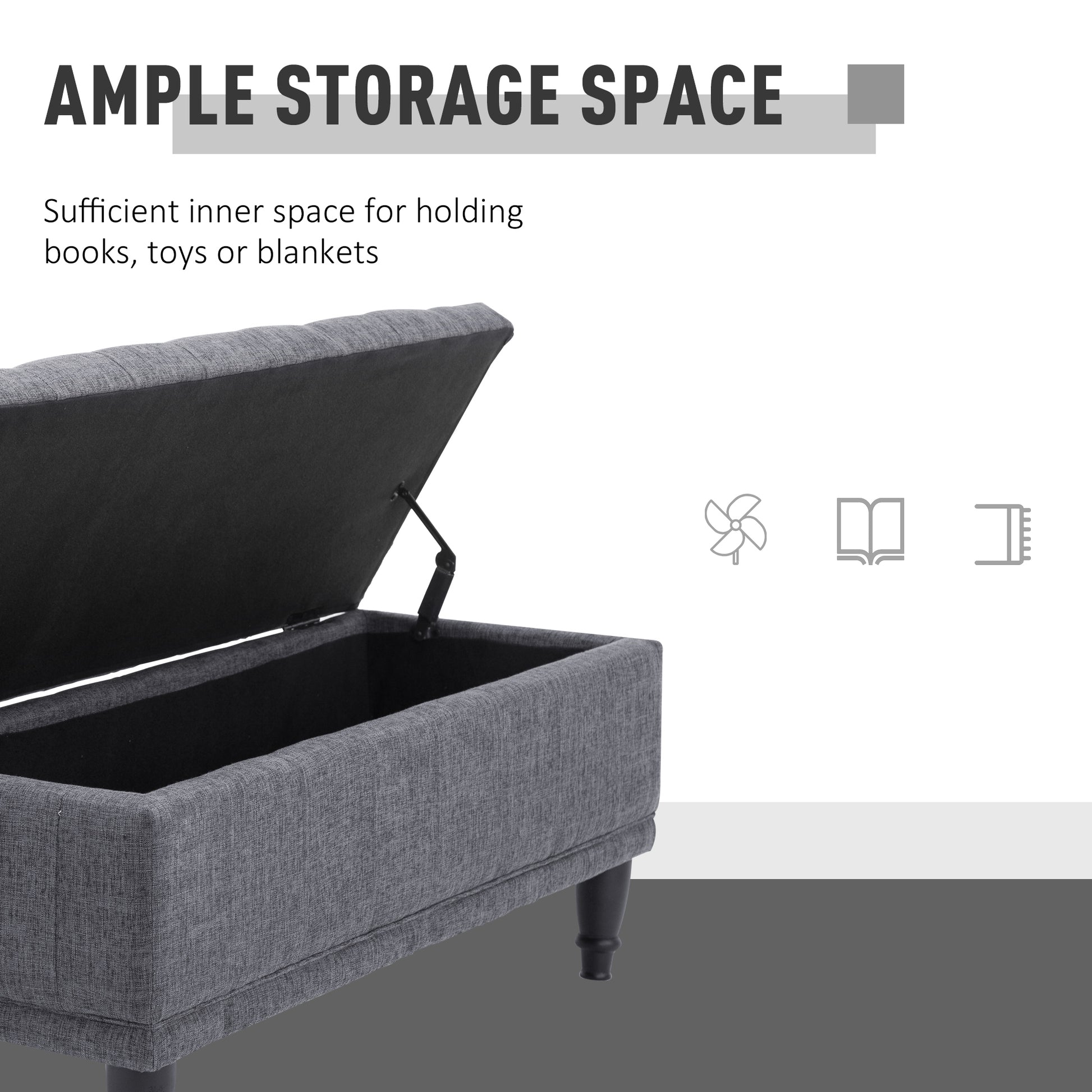 Homcom Storage Ottoman, Linen Fabric Button Tufted Storage Bench With Soft Close Lid For Living Room, Entryway Or Bedroom, Dark Heather Grey Grey Fabric