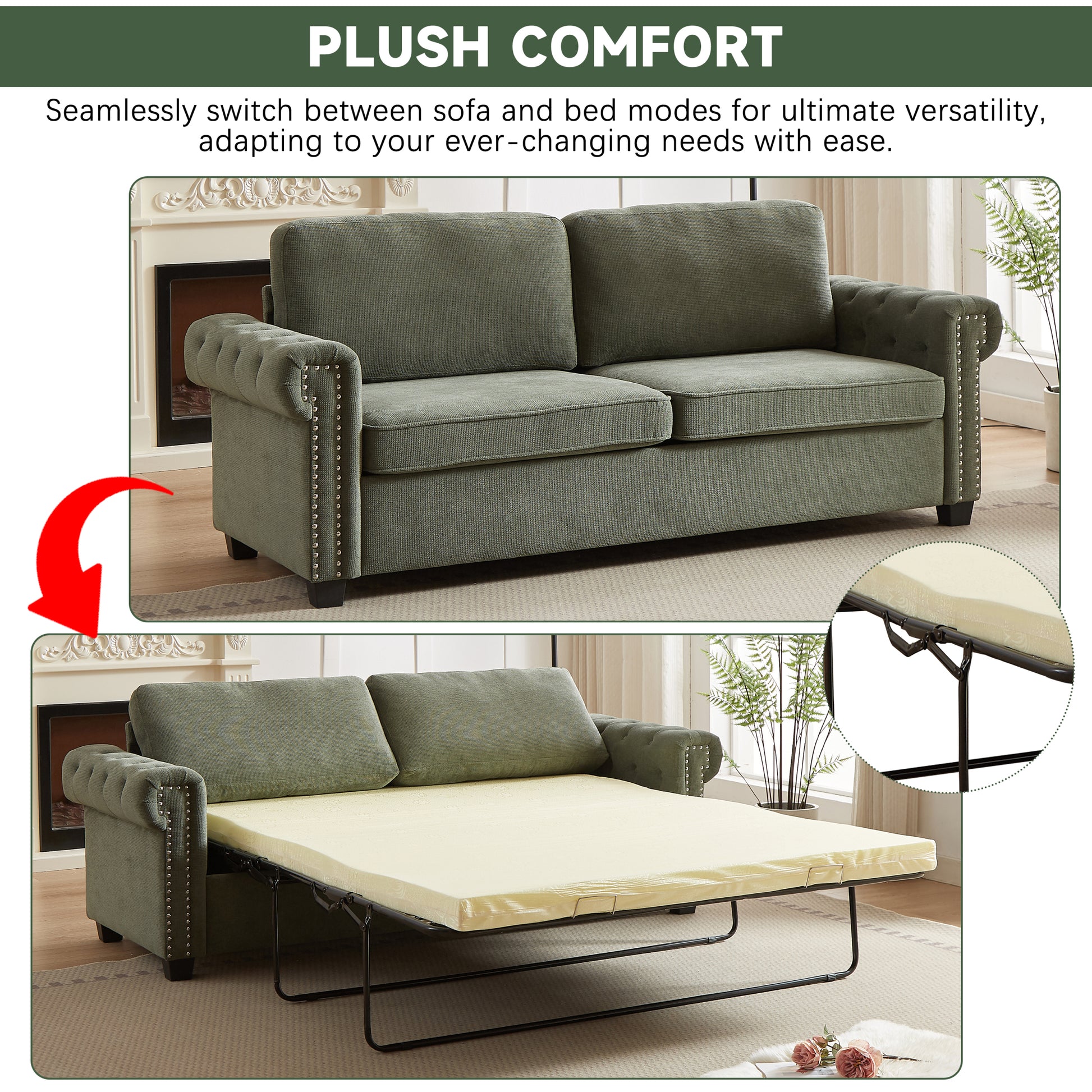 Fx 83.8" Convertible Sleeper Sofa Bed, 2 In 1 Pullout Sofa Bed, Polyester Sleeper Sofa Bed With Folding Mattress, Living Room Pullout Sofa Bed, Apartment Small Space Sofa Sleeper Green Polyester Pine Foam Fabric 3 Seat