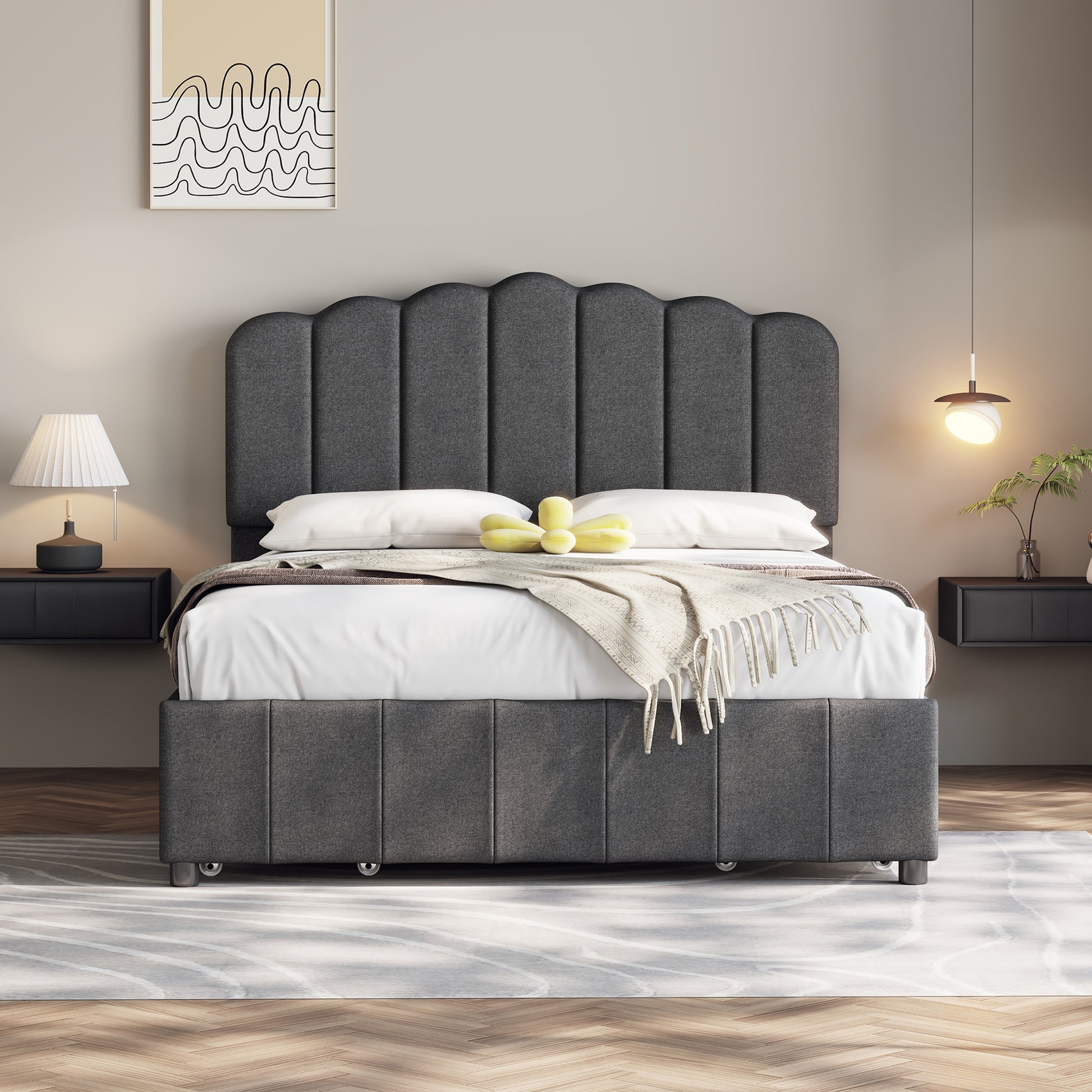 Full Size Upholstered Bed With 4 Storage Drawers,Wood Slat Support, Gray Full Gray Upholstered