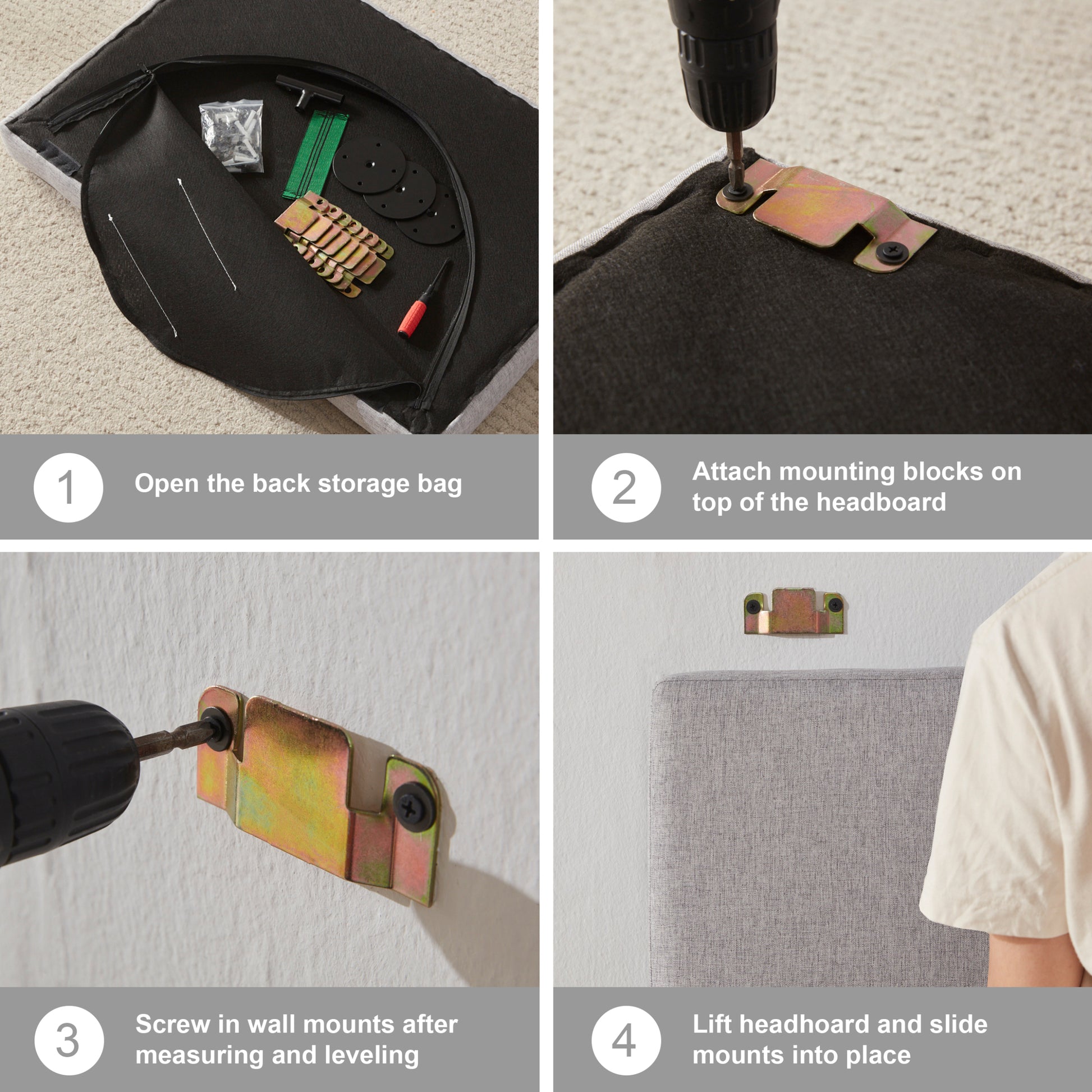 Wall Mounted Headboard King Size With Brown Faux Leather Straps, Linen Fabric Upholstered Headboard With Adjustable Heigh Headboard, King Headboard With Metal Bar For Dining Room, Bedroom, Grey King Grey Bed Frame Linen Fabric Metal