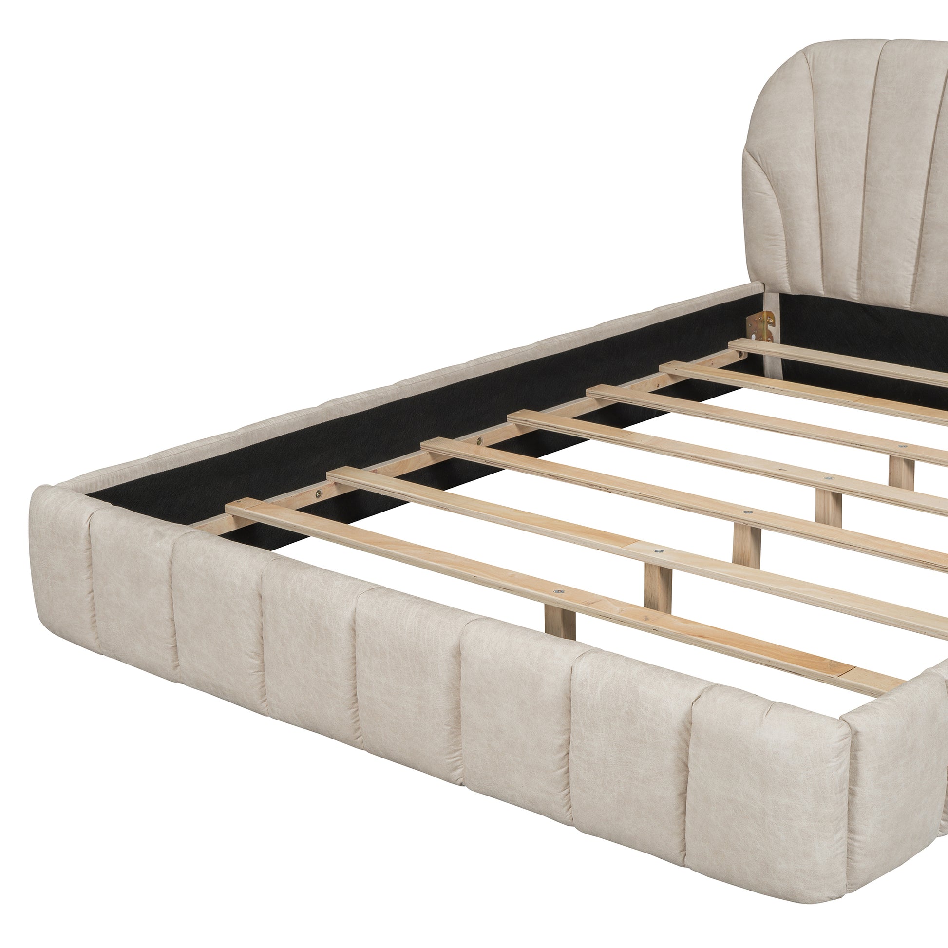 Queen Size Upholstered Platform Bed With Thick Fabric, Polyester, Beige Queen Beige Polyester