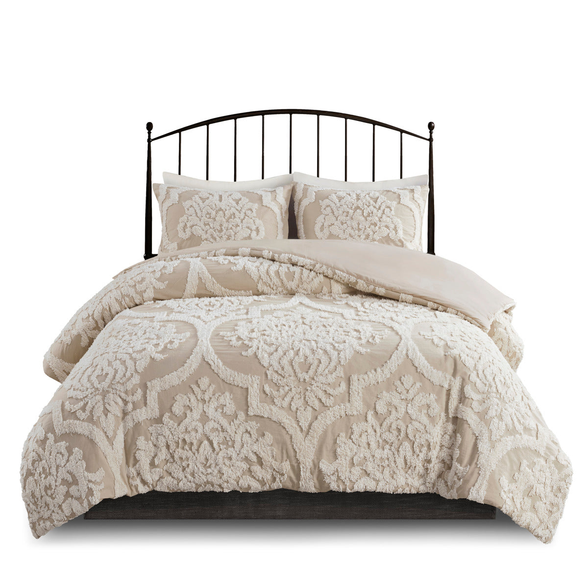 3 Piece Tufted Cotton Chenille Da Comforter Set Taupe Full Queen Full Taupe Polyester