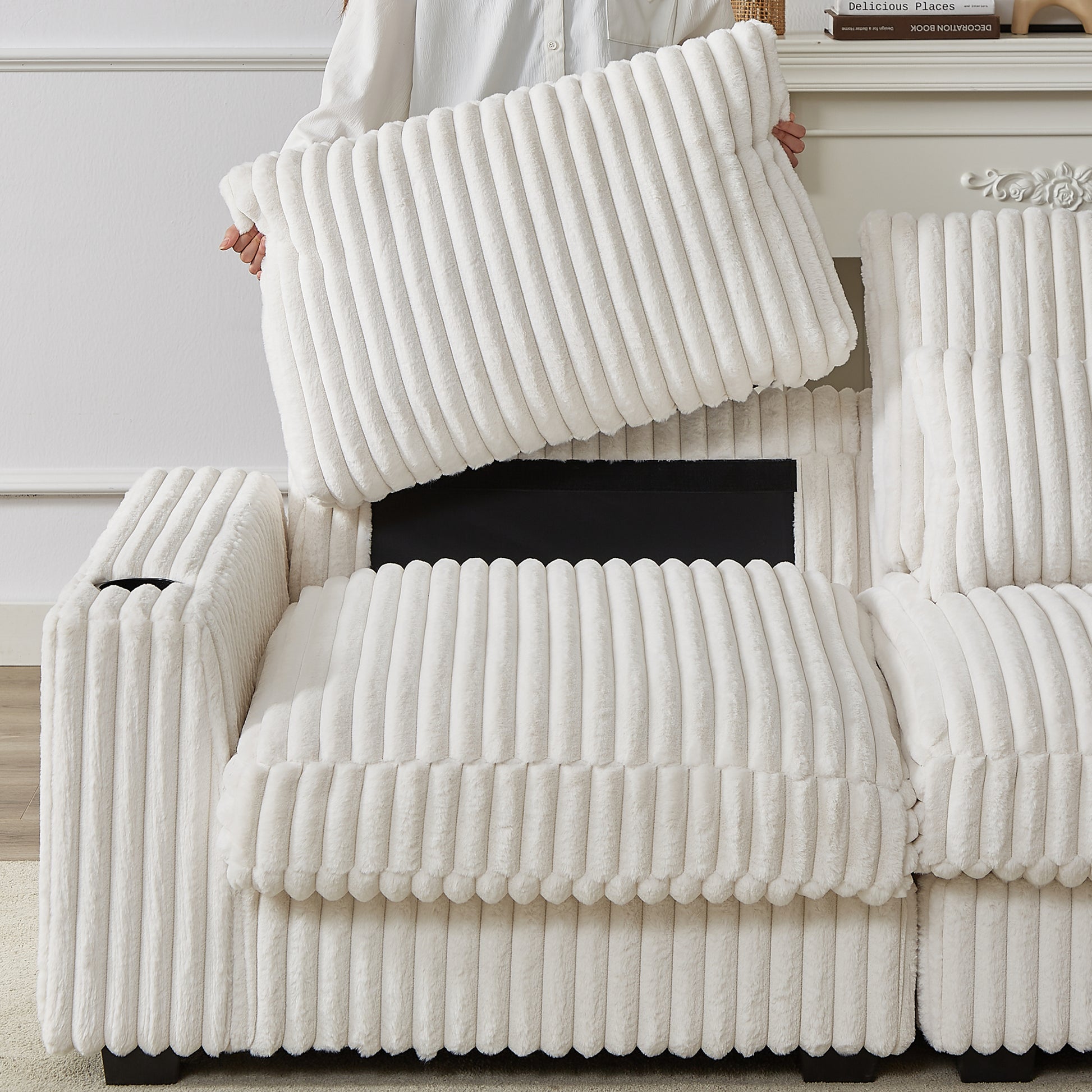 128 Inch Corduroy With Cup Holder Super Large L Shaped Sofa, Movable Footrest, Four Waist Pillows And Four Back Cushion, With Usb Port And T Pyce Port Beige Corduroy 3 Seat