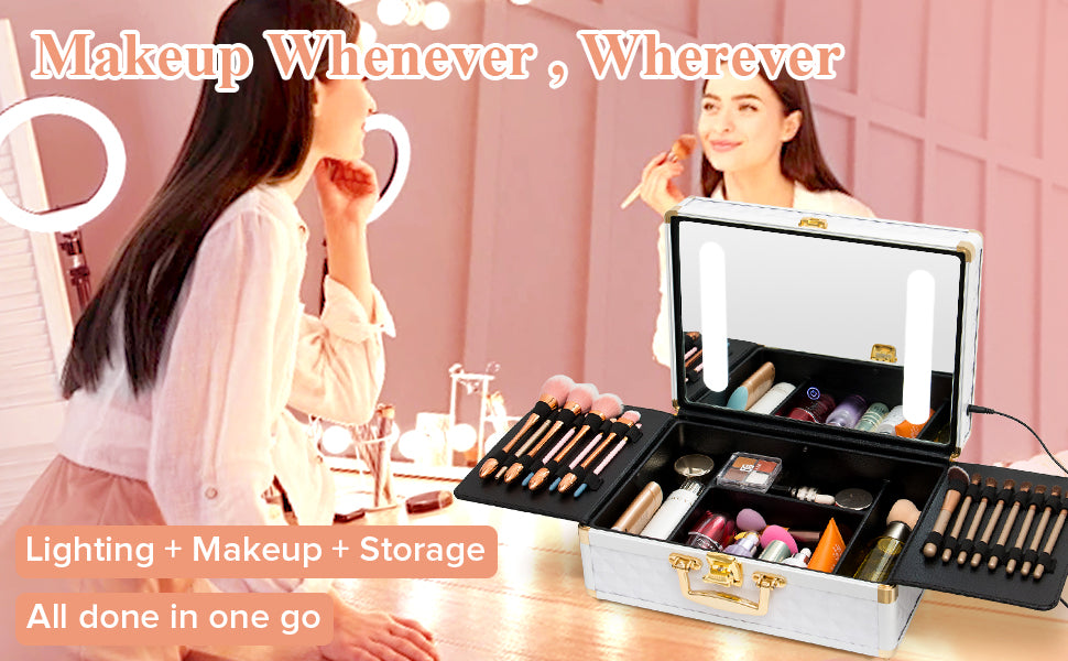 Portable Makeup Case With Led Mirror Travel Makeup Bag Cosmetic Organizer Box With Locks, Brush Holder, Dividers, Rechargeable, White White Aluminium Alloy