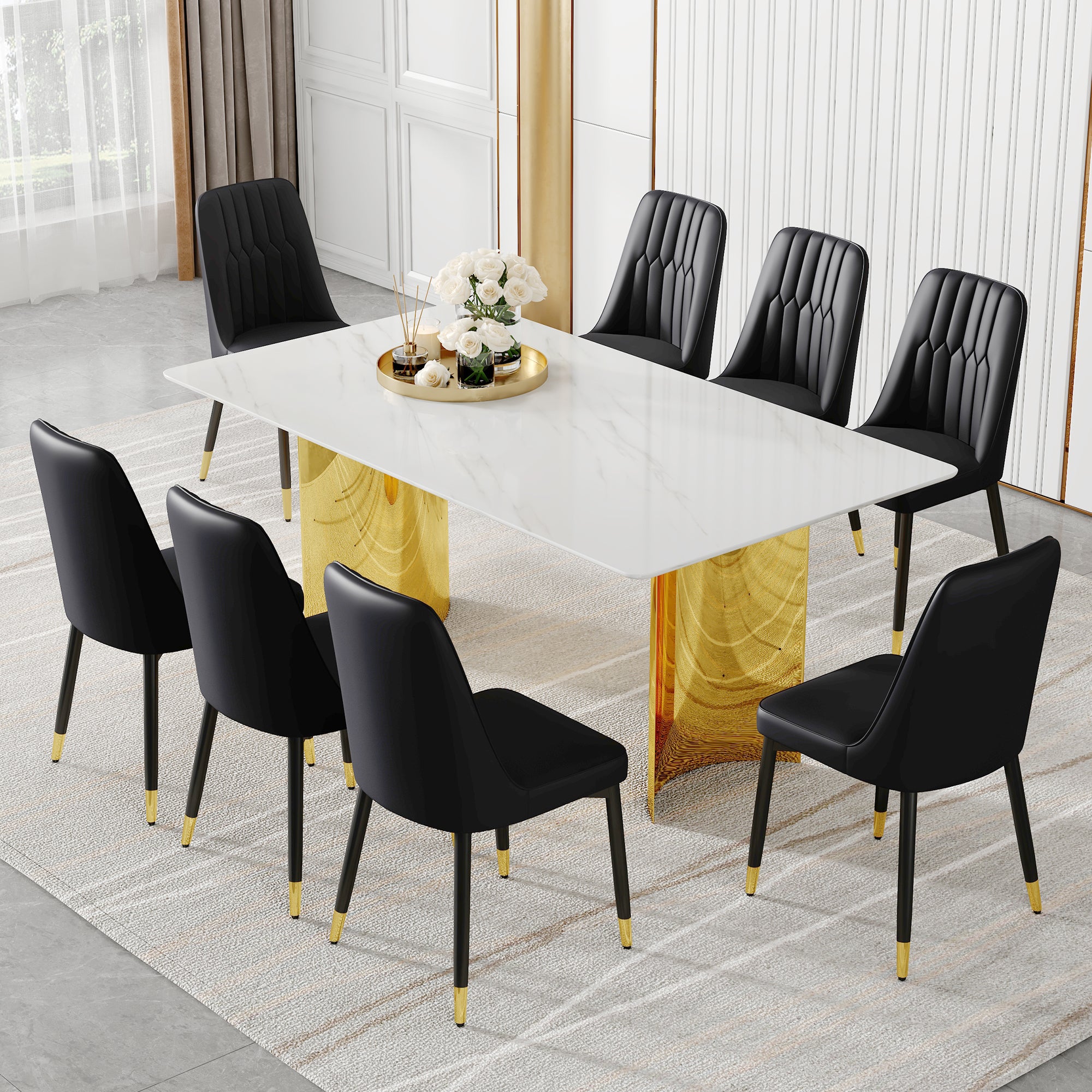 Table And Chair Set.The Table Has A Glass Top With Imitation Marble Pattern Stickers And Stainless Steel Golden Legs. Paried With Chairs With Pu Artificial Leather Backrest Cushions And Black Legs. White Gold Seats 8 Glass Metal