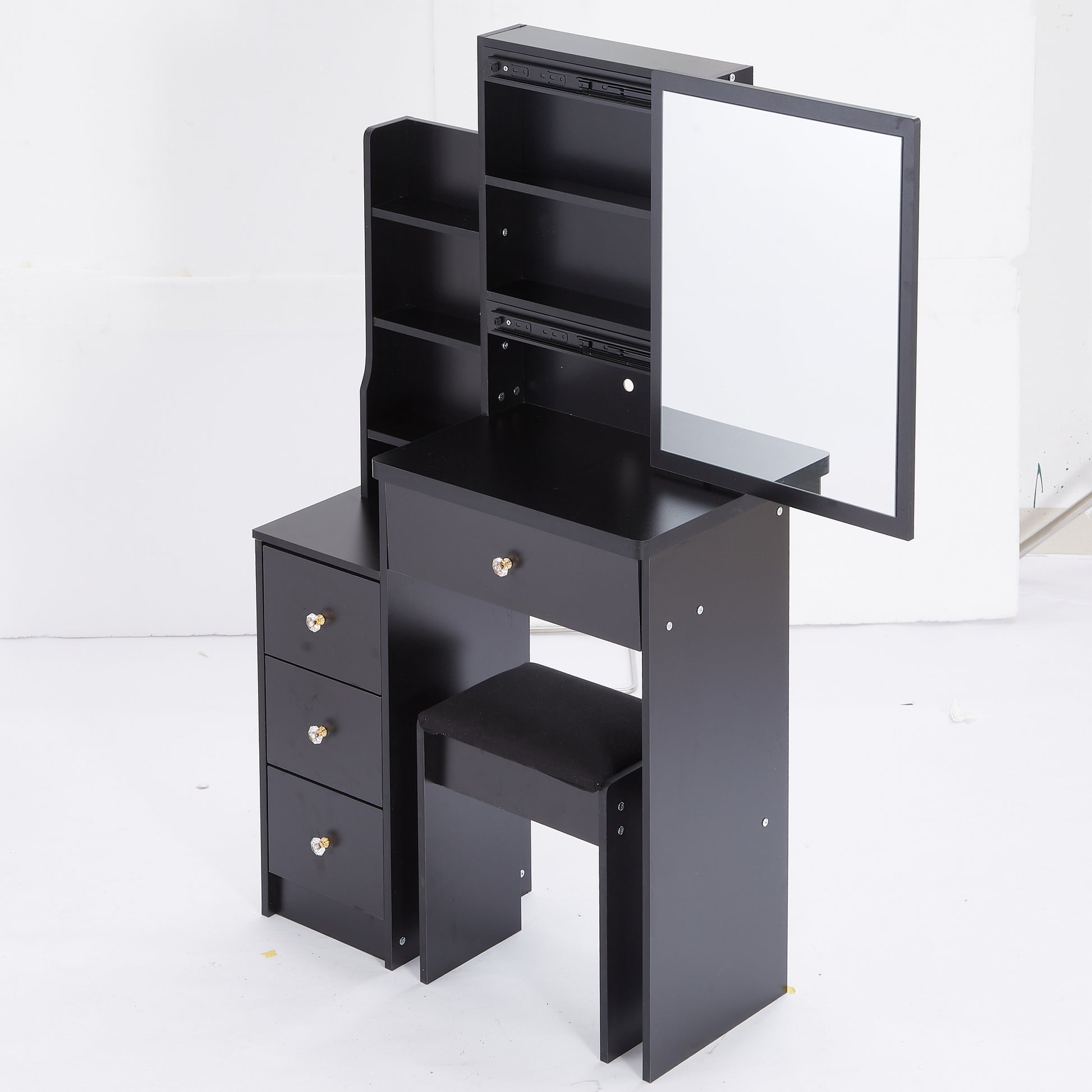 Small Size Left Bedside Cabinet Vanity Table Cushioned Stool, Extra Large Sliding Mirror, Multi Layer, High Capacity Storage Fashionable Dresser, Suitable For Small Space, Epa,Gcc,Ul Certificate
