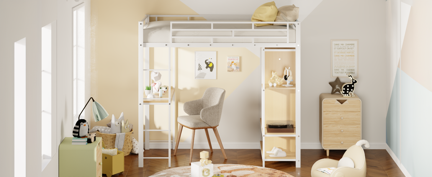 Twin Size Metal Loft Bed With Built In Wardrobe, Desk And Shelves, White Box Spring Not Required Twin White Metal Mdf Metal