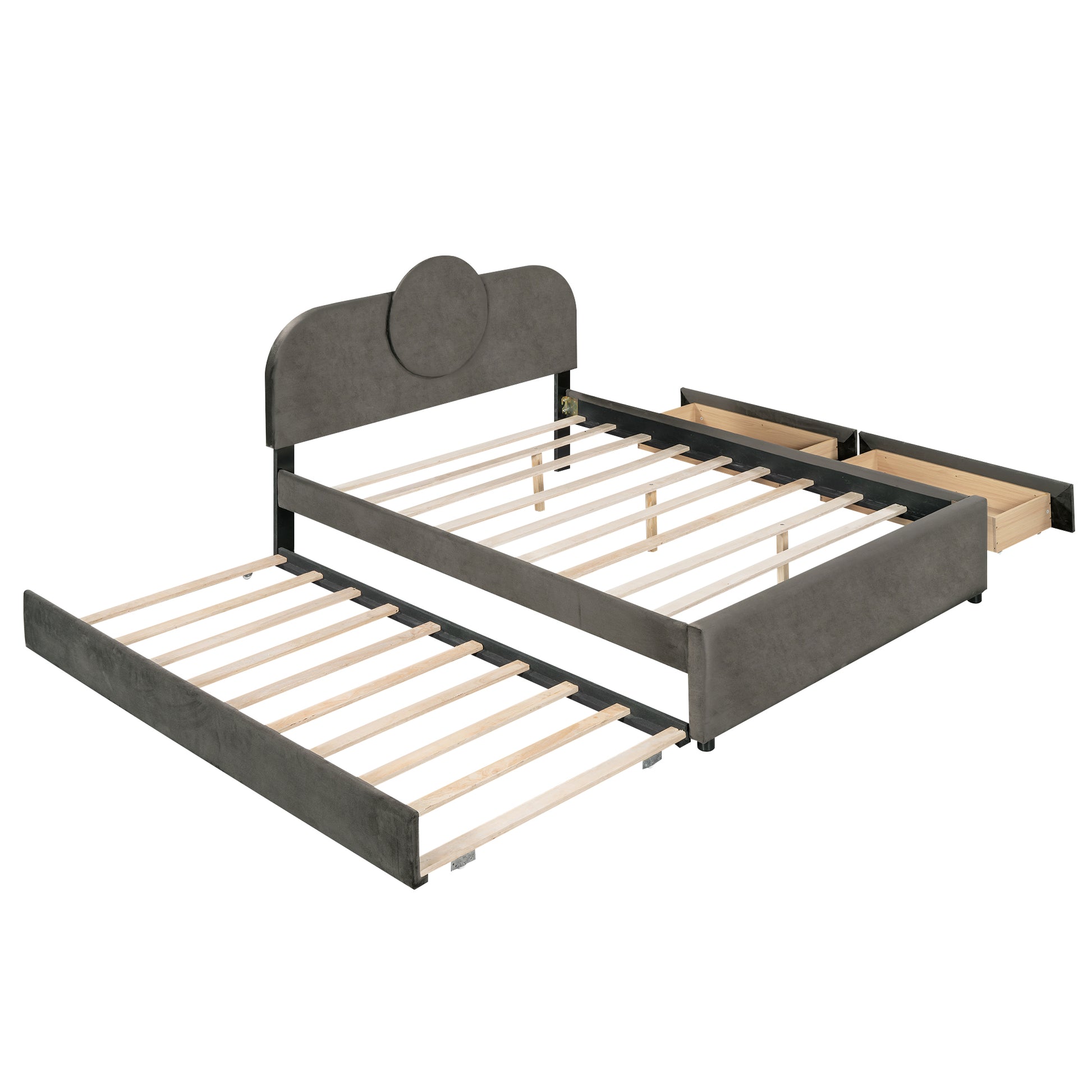 Queen Size Upholstered Platform Bed With Multi Functional Headboard, Trundle And 2 Drawers, Gray Box Spring Not Required Queen Gray Wood Bedroom Upholstered