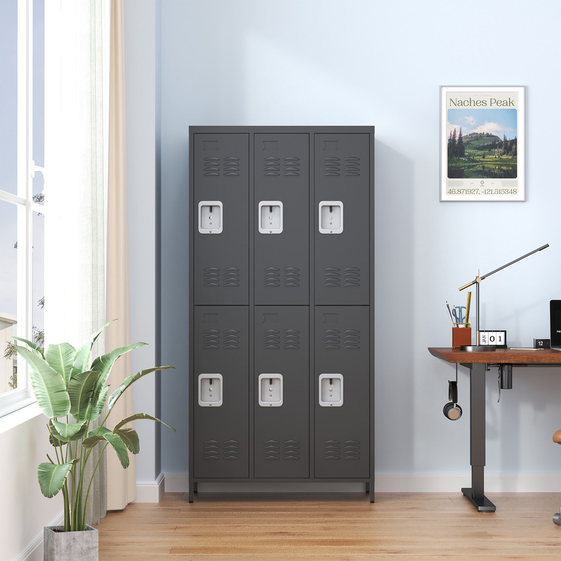 6 Door 72"H Metal Lockers With Lock For Employees,Storage Locker Cabinet For Home Gym Office School Garage,Black 5 Or More Spaces Black Primary Living Space Modern Metal