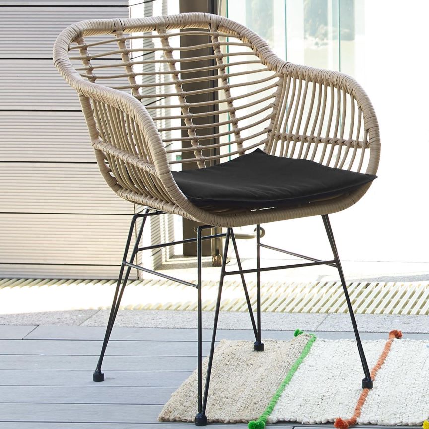 St.Lucia 3Pc Casual Outdoor Set Natural With Black Blue Cushion Black Brown Pe Rattan Iron