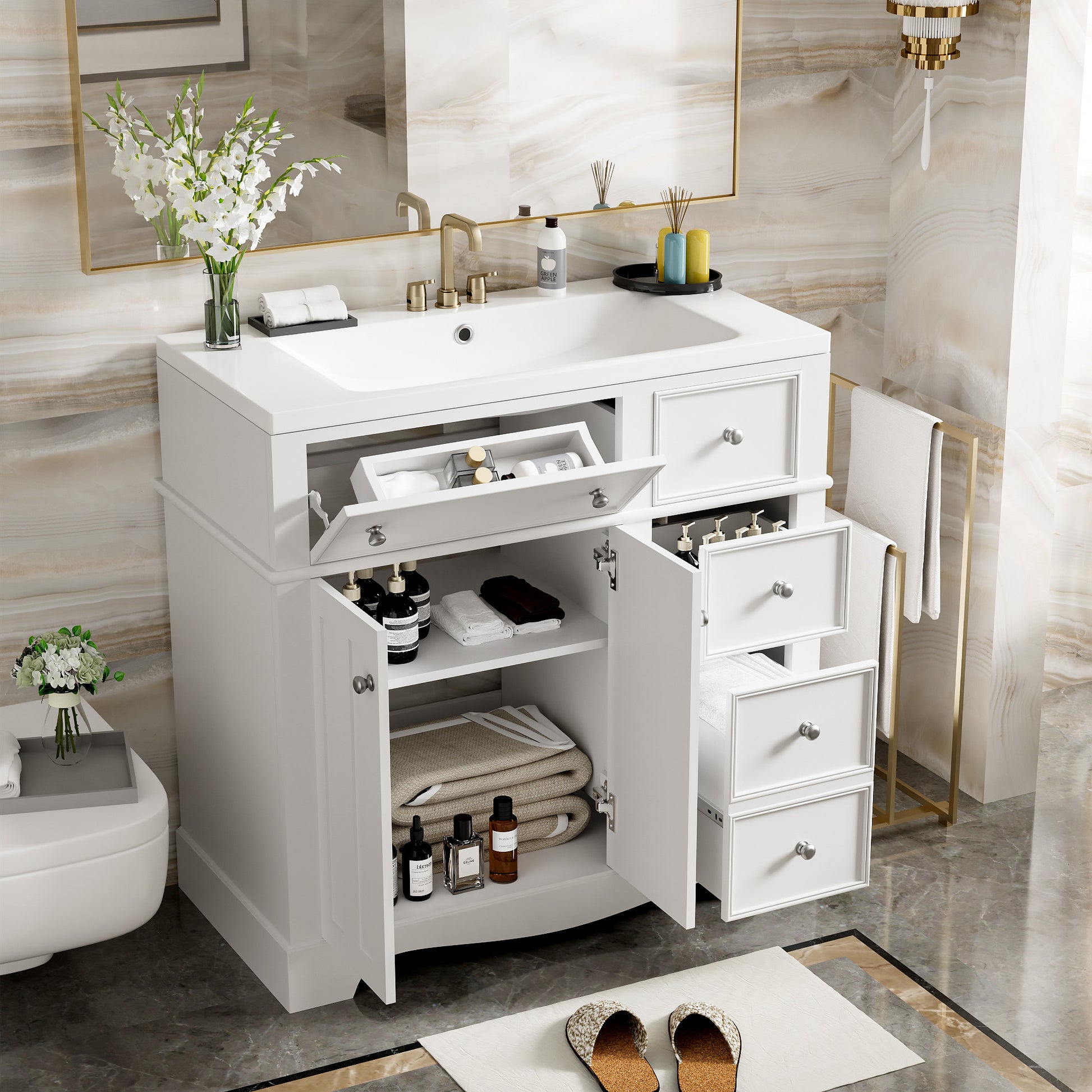36'' Bathroom Vanity With Resin Sink Combo, Solid Wood Frame Bathroom Storage Cabinet, Freestanding Vanity Set With 3 Drawers& Adjustable Shelf White Bathroom Modern Solid Wood Mdf Resin