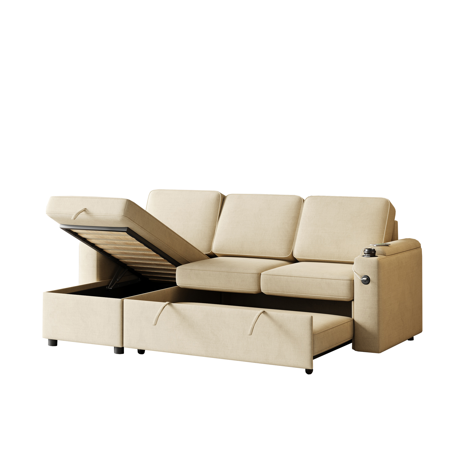 Mh85.8" Sleeper Sofa, Sofa Bed 2 In 1 Pull Out Sofa Bed With Storage Sofa, Sofa Sleeper With Pull Out Bed With Charging Port Beige Primary Living Space Eucalyptus Polyester Fabric 3 Seat