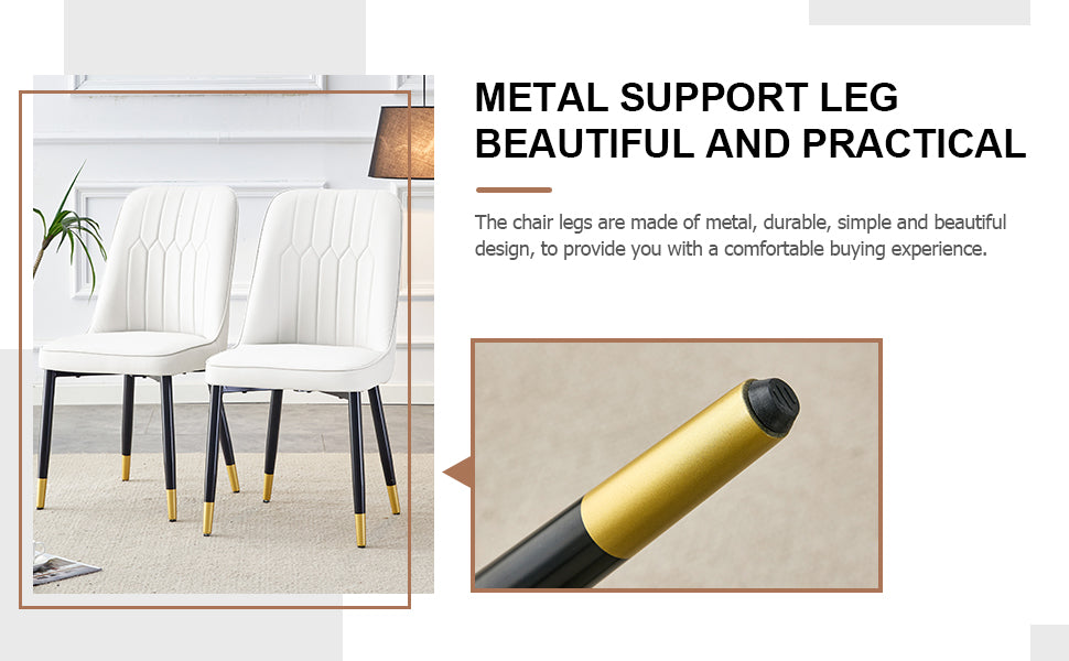 Table And Chair Set.Modern Minimalist Dining Table. White Imitation Marble Pattern Sintered Stone Desktop With Golden Metal Legs.Paried With 4 Comfortable Chairs With Pu Seats And Black Metal Legs.