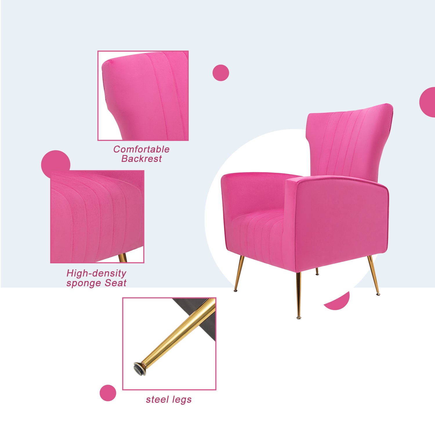 Velvet Accent Chair, Wingback Arm Chair With Gold Legs, Upholstered Single Sofa For Living Room Bedroom Rose Red Velvet 1 Seat