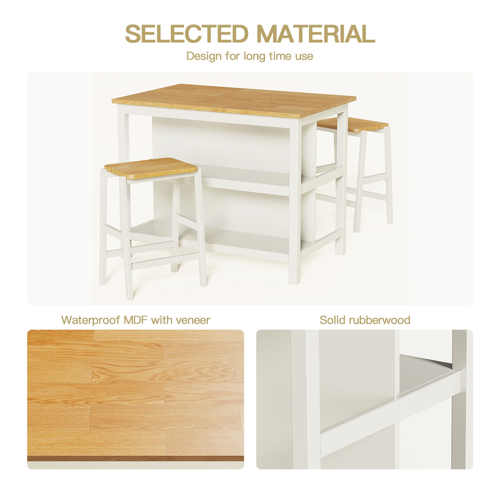 3 Pcs Dining Table Set Rustic Retro Breakfast Table Dining Stools Rubber Wood For 2 With Two Open Shelves For Small Space Kitchen Dining Room Cream White White Rubber Wood