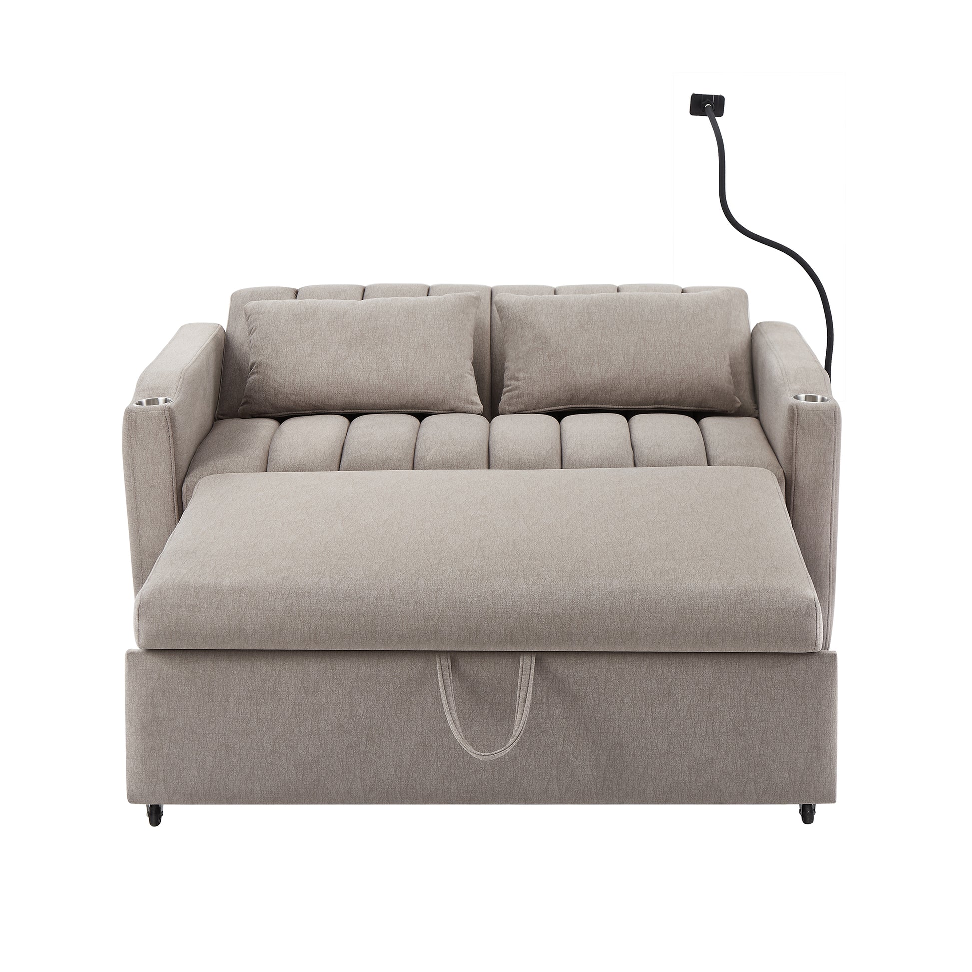 55.9" Convertible Sofa Bed Loveseat Sofa With Three Usb Ports, Two Side Pockets, Two Cup Holders And 360 Swivel Phone Holder For Living Room, Light Grey Light Grey Foam Polyester