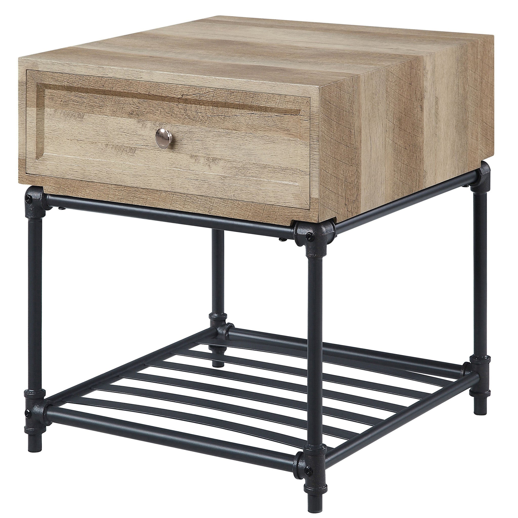 Oak And Sandy Black End Table With Slatted Lower Shelf Oak Primary Living Space Industrial Drawers Rectangular Wood Metal