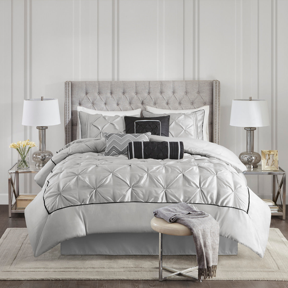 7 Piece Tufted Comforter Set Grey Full Full Grey Polyester