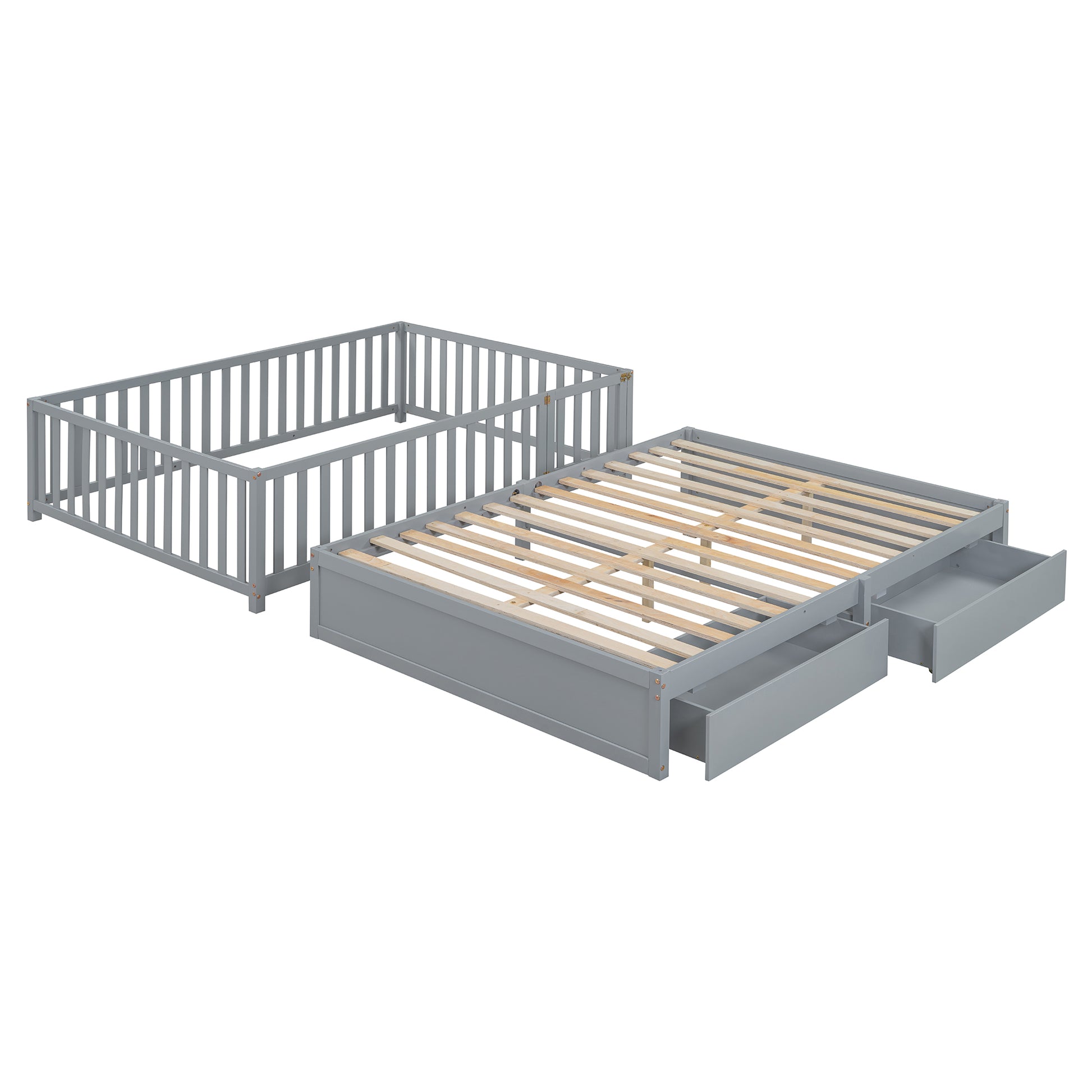 Full Size Wood Daybed With Fence Guardrails And 2 Drawers, Split Into Independent Floor Bed & Daybed, Gray Old Sku :Lp000882Aae Full Gray Solid Wood Mdf