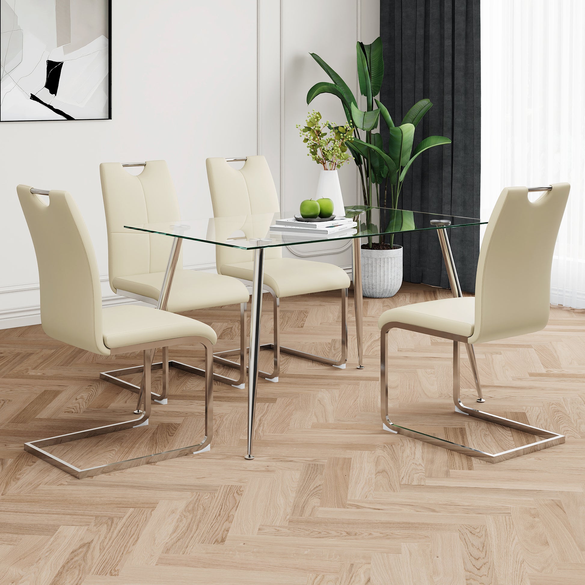 Modern Simple Rectangular Glass Dining Table, Solid Tempered Glass Tabletop, Electroplated Table Legs, Light Yellow Pu Dining Chair Set, Suitable For Restaurant Kitchen Use Set Of 5 Upholstered Chair Glass Light Yellow Seats 4 Metal Rectangular Dining