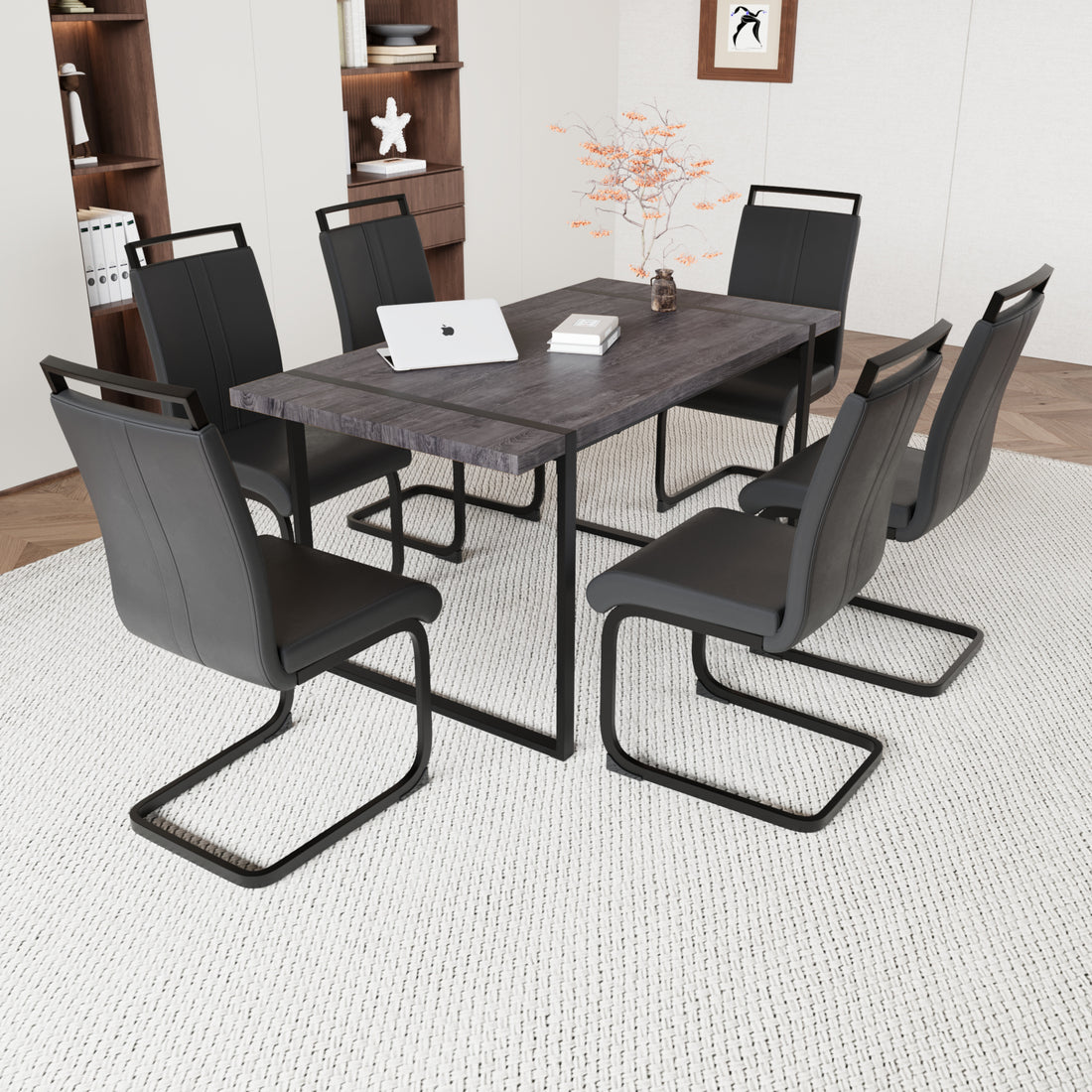 59 "Rural Industrial Rectangular Mdf Black Dining Table Set And Pu Armless Dining Chair Set, 6 Pieces. Kitchen Black Metal Table Leg Dining Chair Set Black Mdf