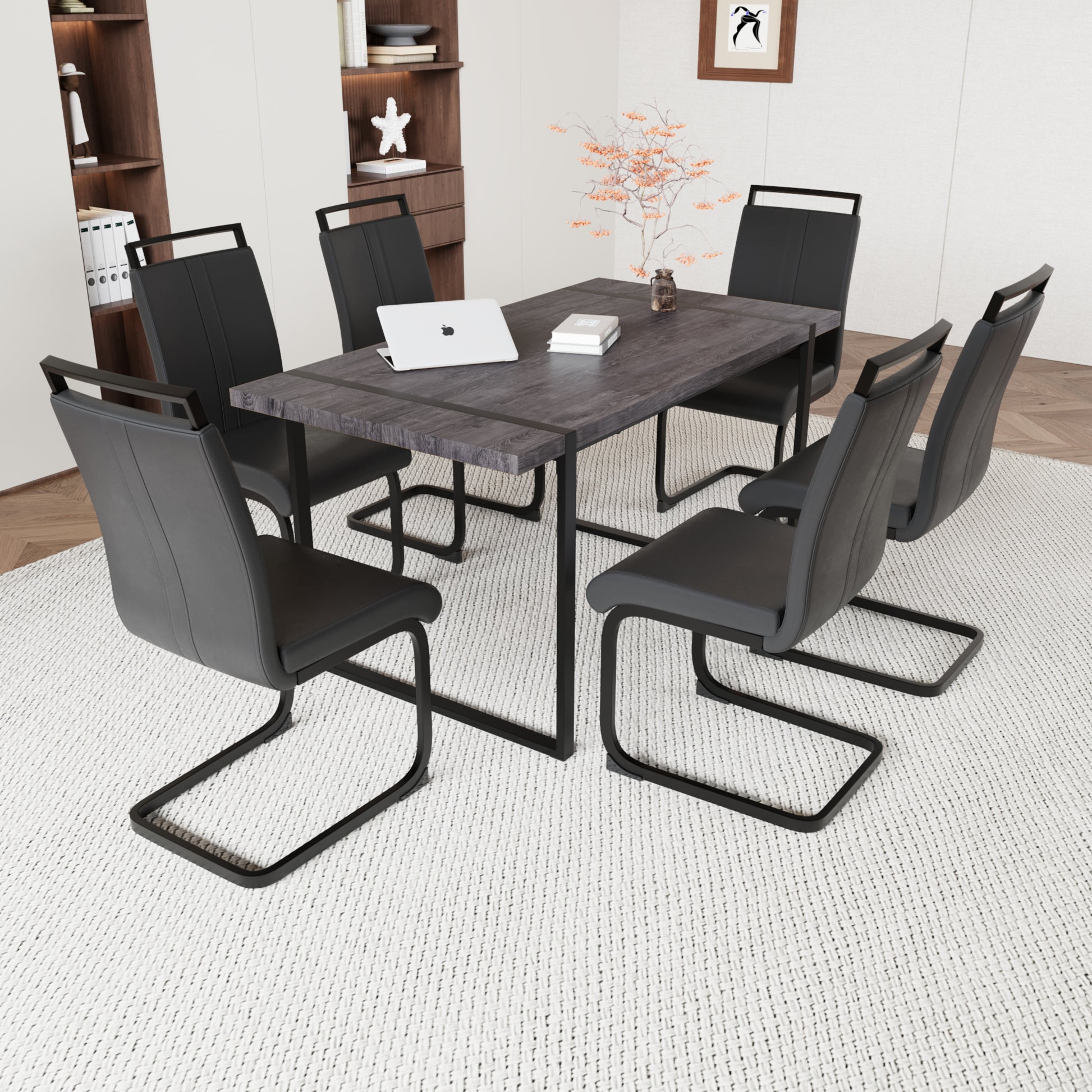 59 "Rural Industrial Rectangular Mdf Black Dining Table Set And Pu Armless Dining Chair Set, 6 Pieces. Kitchen Black Metal Table Leg Dining Chair Set Black Mdf
