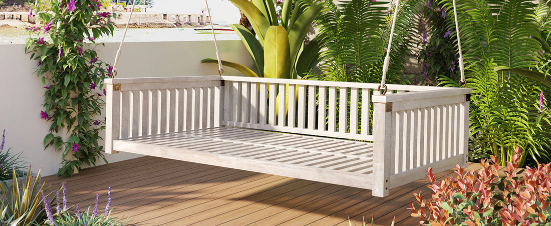 Patio Minimalist Twin Size Garden Swing Bed Wood Porch Swing With Ropes For Backyard, Safe Sloped Design, White White Weather Resistant Frame Garden & Outdoor Minimalist 2 Person Seating Group