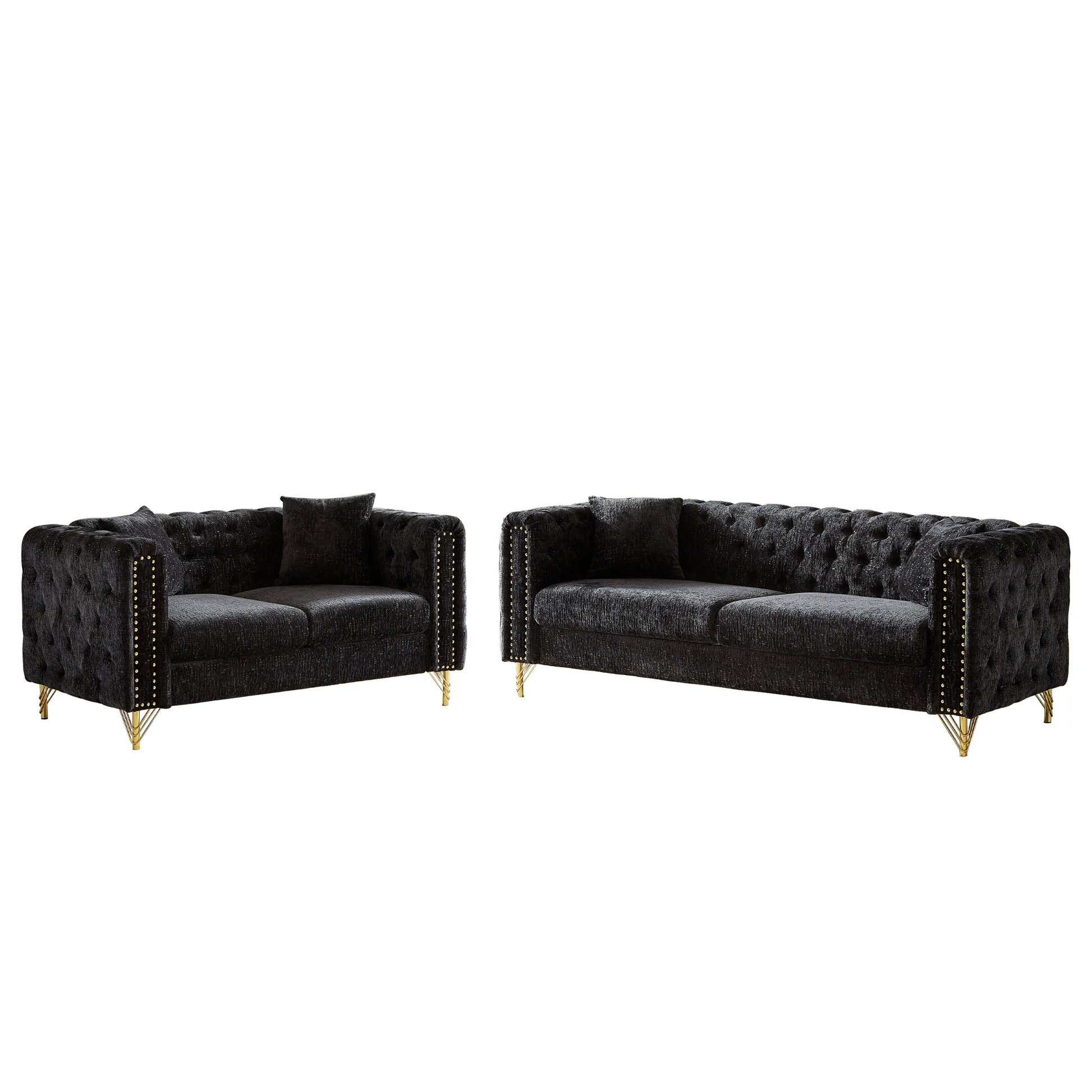 Chenille Pull Buckle Design Sofa For Living Room,Buttons Tufted With Copper Nail Decoration Armrest, Modern Couch Upholstered Button And Metal Legs Black Foam Chenille 5 Seat