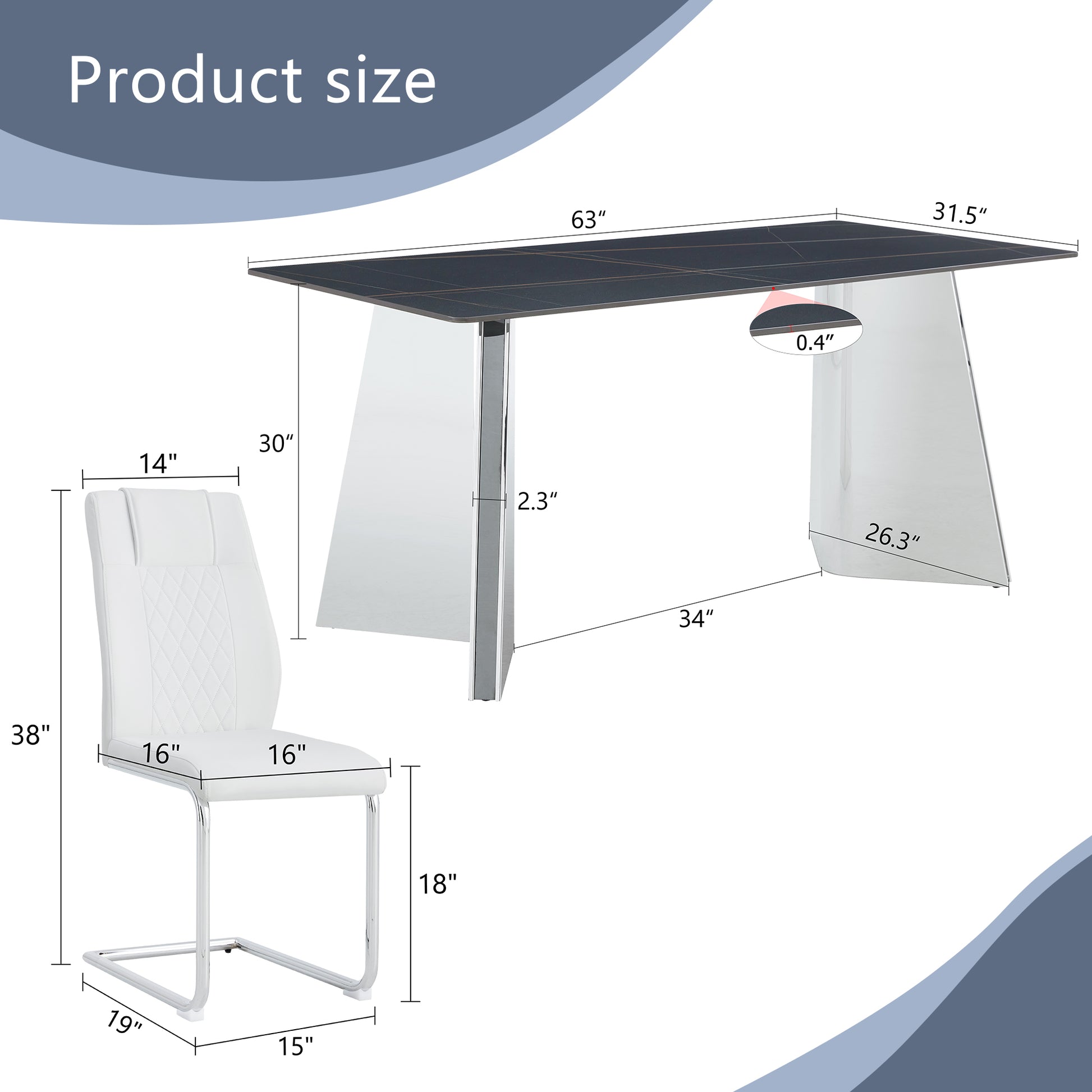 Table And Chair Set.63"X31.5X30" Black Marble Patterned Slabs Tabletop With Stainless Steel Butterfly Legs.Paried With 6 White High Quality Pu Chairs With Silver Metal Legs. White Black Seats 6