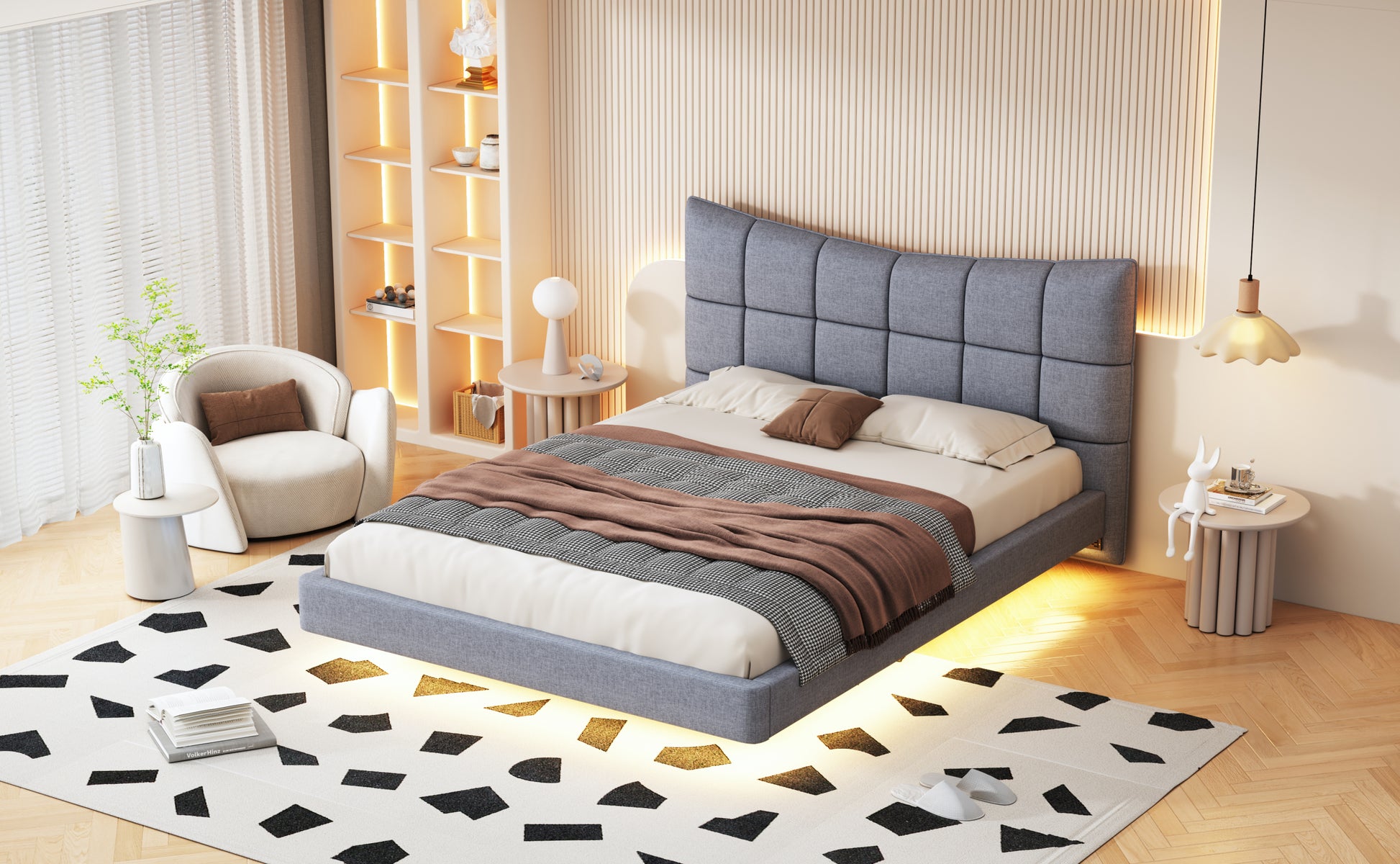 Full Size Upholstered Platform Bed With Led Lights,Usb Ports And Outlets,Linen Fabric,Gray Full Gray Wood Metal