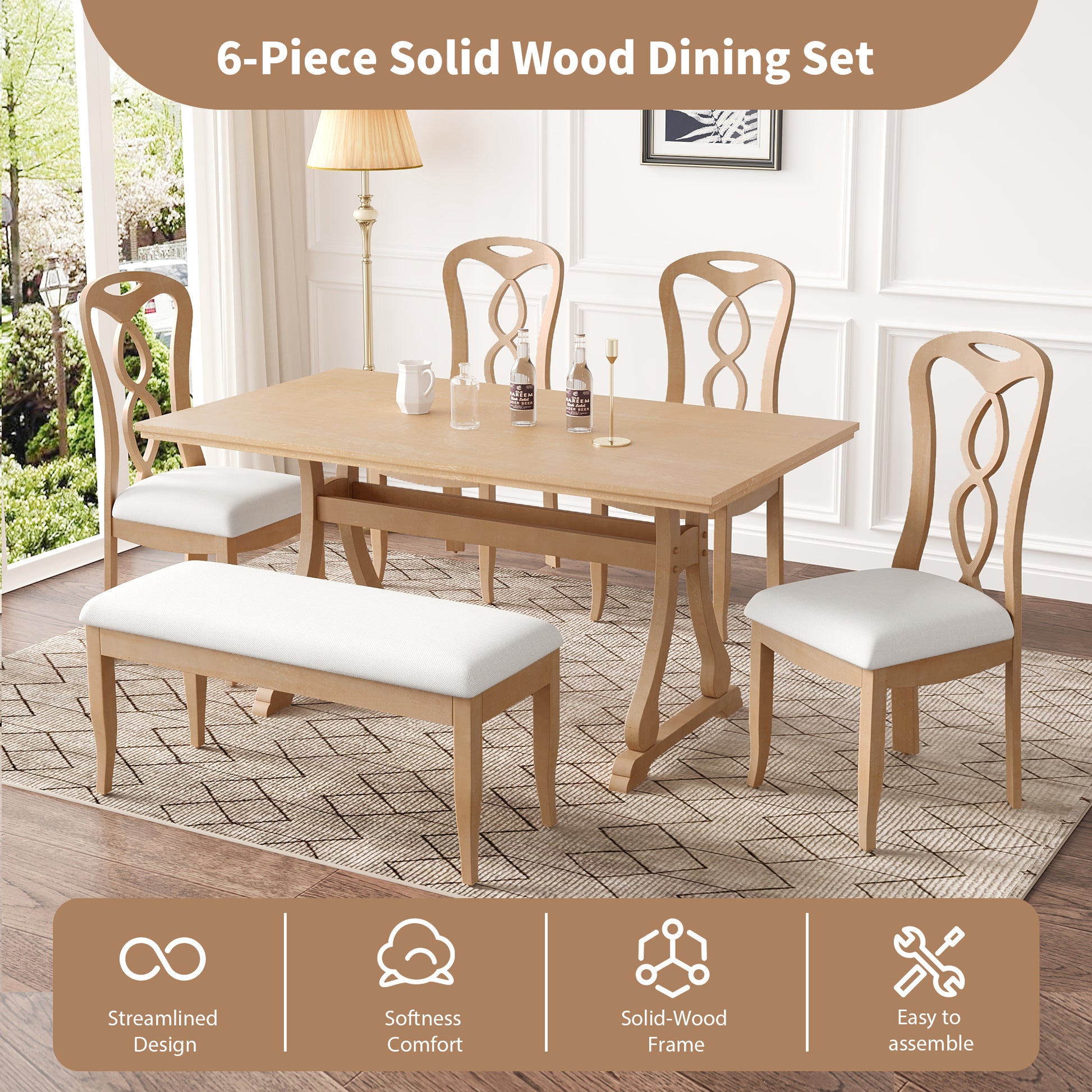 Retro 6 Piece Trestle Dining Table Set With Upholstered Dining Chairs And Dining Bench, Smooth Dining Backs For Dining Room, Living Room, Kitchen, Natural Upholstered Chair Wood Natural Beige Seats 6 Wood Dining Room Solid Wood Rubberwood Trestle