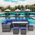 Outdoor Patio Furniture Set,7 Pieces Outdoor Sectional Conversation Sofa With Dining Table,Corner Chairs, Ottomans,All Weather Pe Rattan And Steel Frame,With Backrest And Removable Cushions Grey Blue Yes Dark Blue Weather Resistant Frame Garden & Outdoor