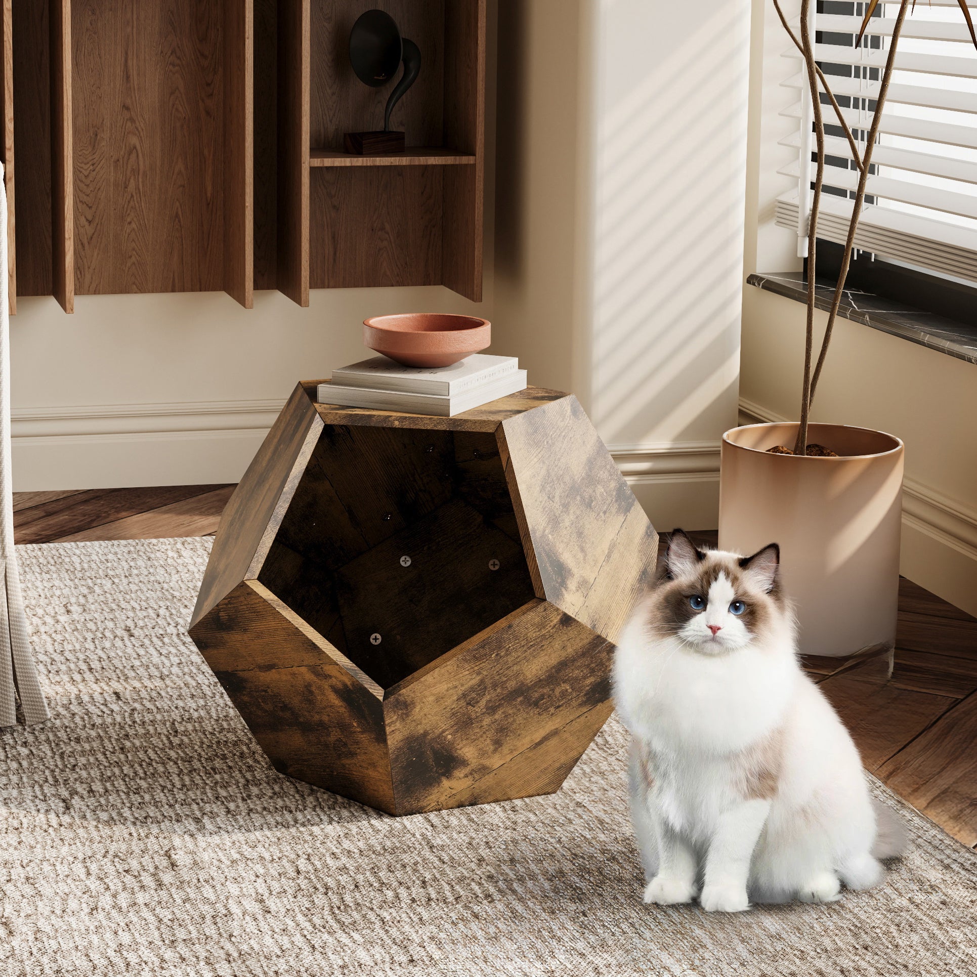 25.98'' Shaped Modern Pet Furniture Cat Kennel Side Table Mdf Multi Purpose Furniture Antique Wood Color Antique Brown Mdf