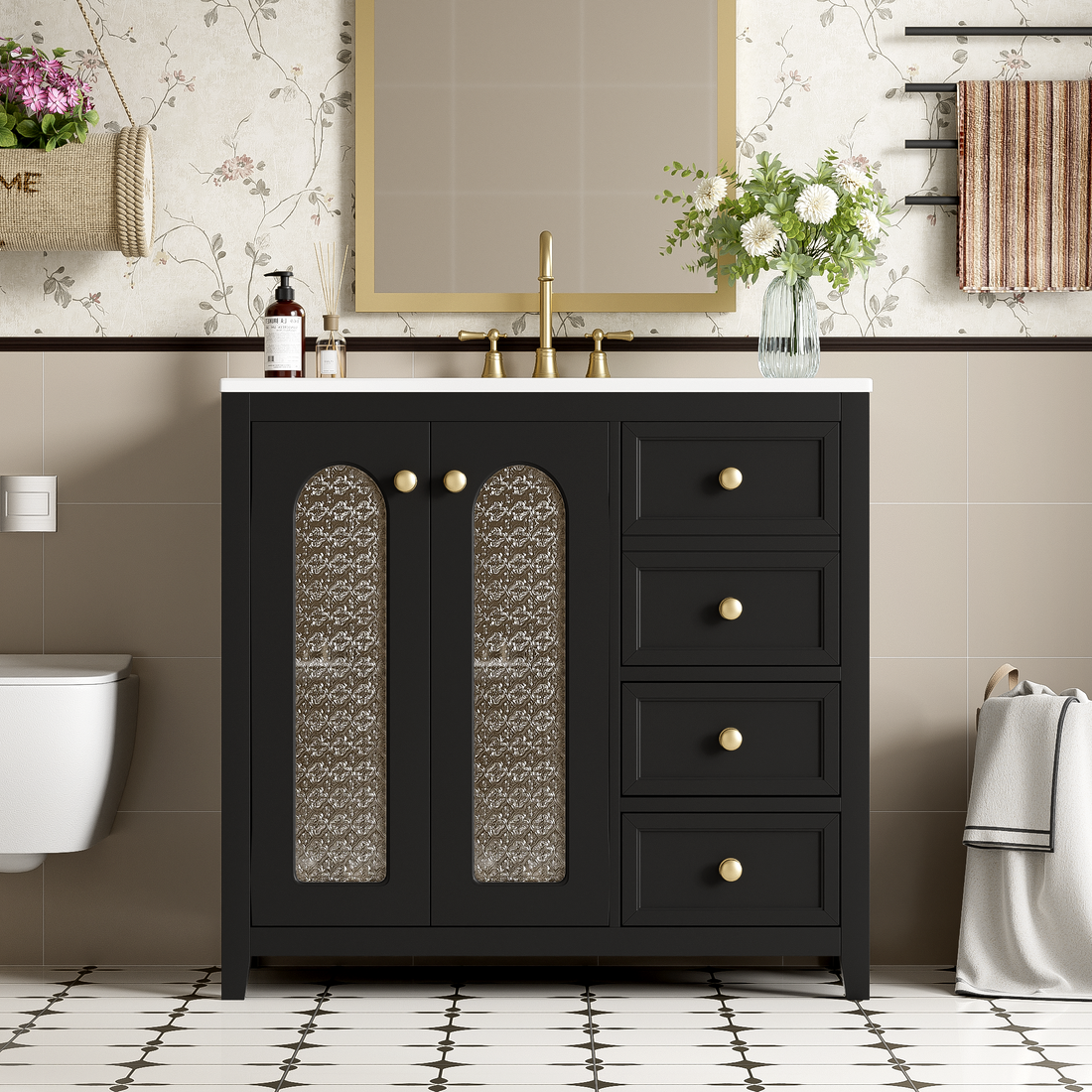 36 Inch Bathroom Vanity With Two Soft Close Doors, Adjustable Shelves And Three Soft Close Drawers Black Bathroom Solid Wood Mdf