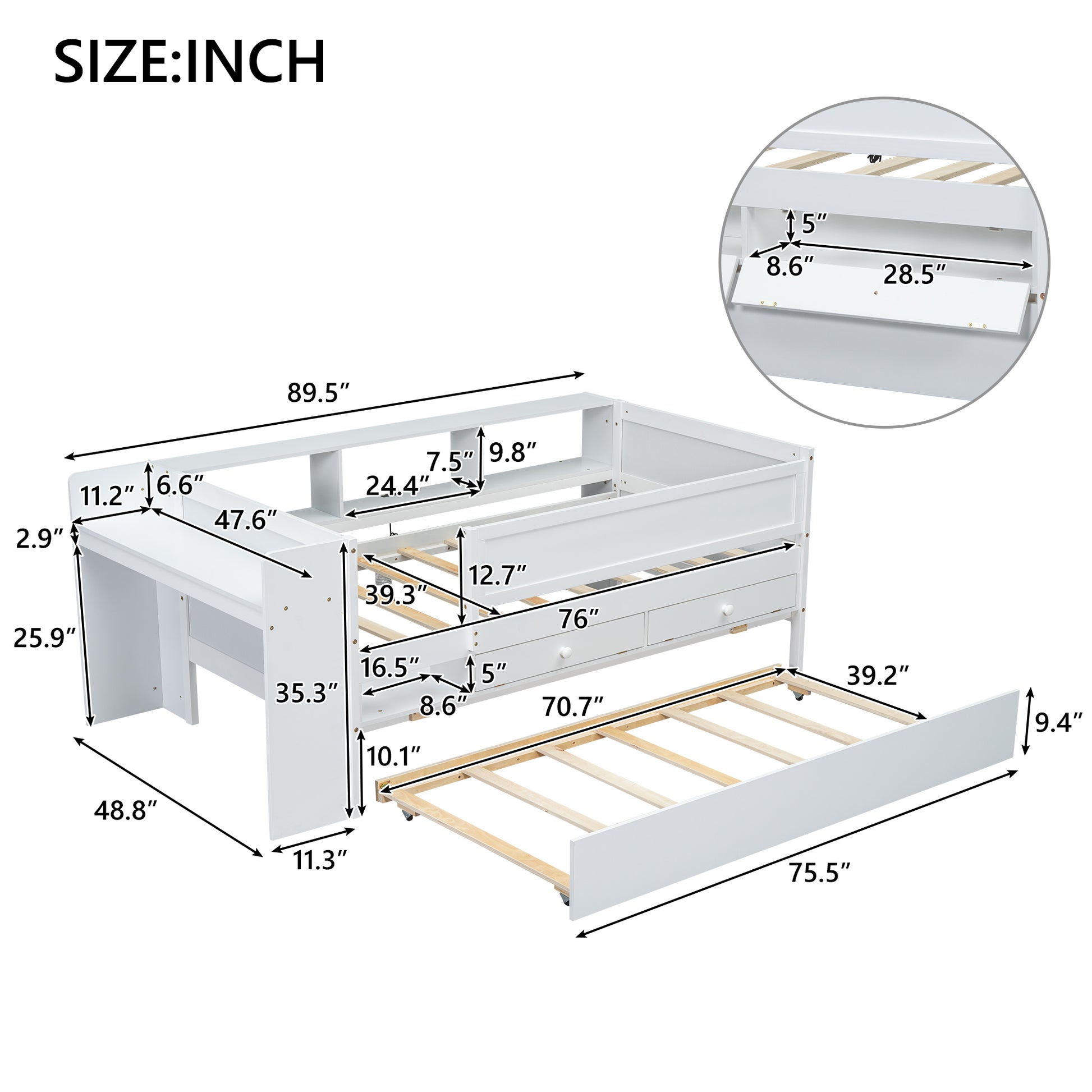 Multi Functional Twin Daybed With Drawers And Trundle, Headboard Storage And Tables, Usb Charging Station, White Box Spring Not Required Twin White Wood Daybeds Pine