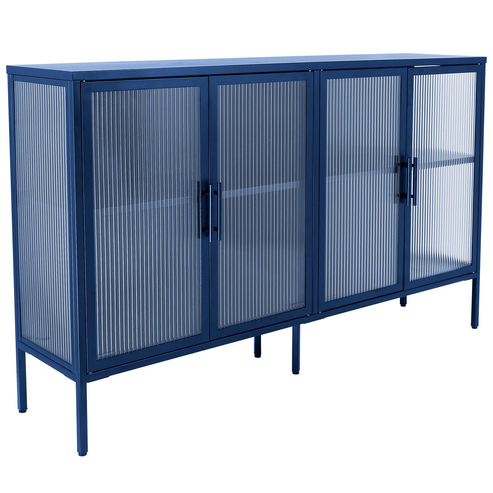 Stylish 4 Door Tempered Glass Cabinet With 4 Glass Doors Adjustable Shelf And Feet Anti Tip Dust Free Fluted Glass Kitchen Credenza Blue Blue Tempered Glass Sheet Metal Plastic