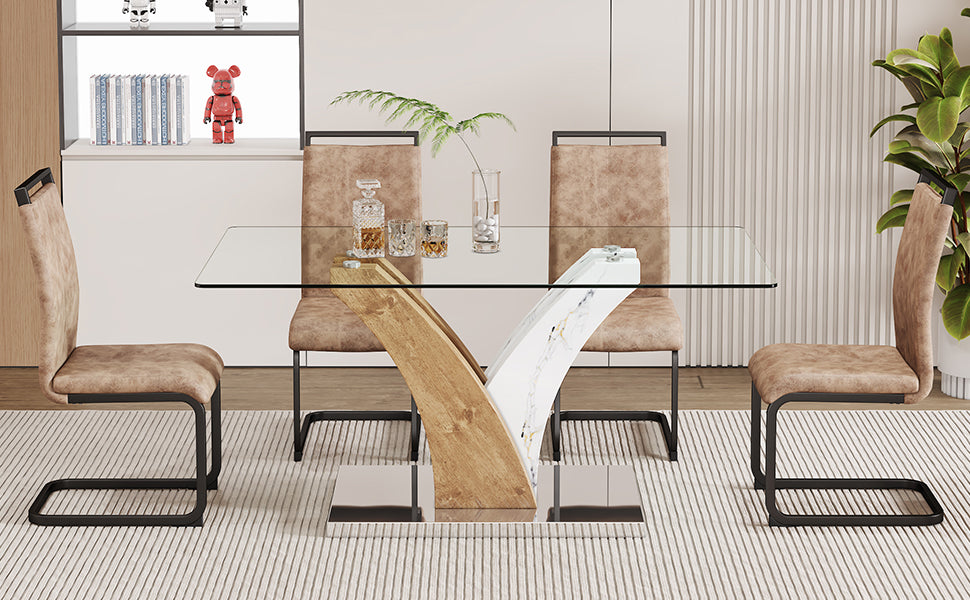 Table And Chair Set.Modern Dining Table, Tempered Glass Countertop With Artistic Mdf Legs.Paried With 4 Comfortable Chairs With Pu Seats And Metal Legs. Suitable For Various Decoration Styles. Black Brown,Transparent Seats 4 Mdf Metal