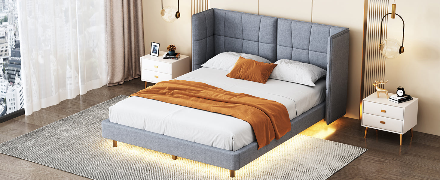 Queen Size Upholstered Platform Bed With Led Lights And U Shaped Headboard, Linen Fabric, Gray Queen Gray Wood Metal